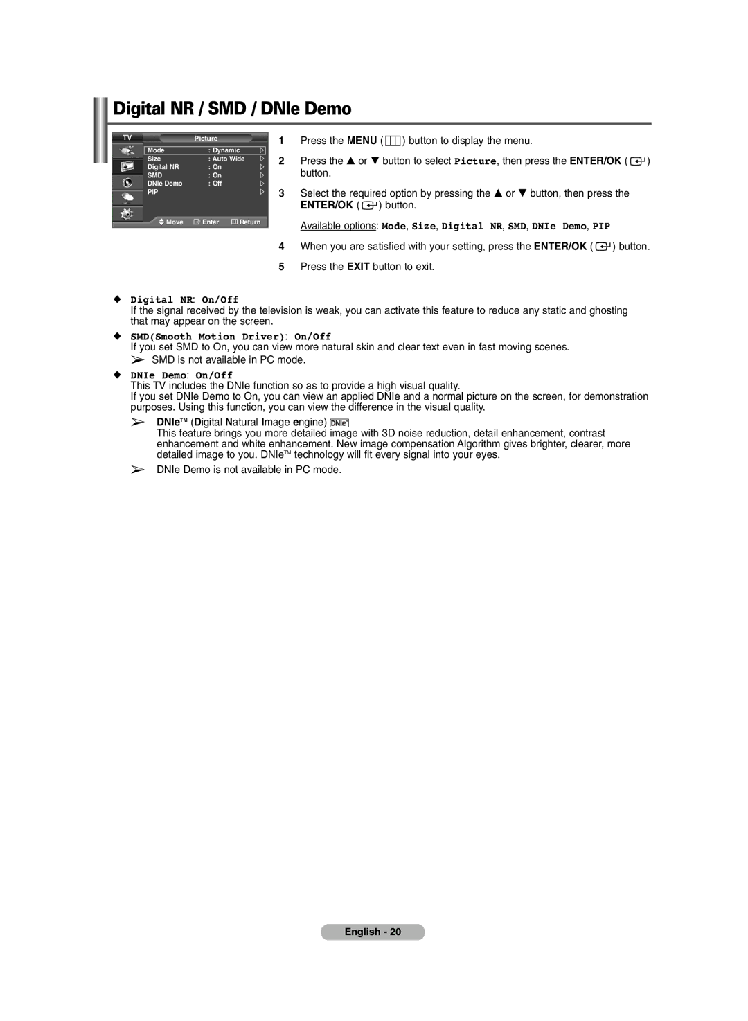 Samsung PS-42P7HD manual Digital NR / SMD / DNIe Demo, Digital NR On/Off, SMDSmooth Motion Driver On/Off, DNIe Demo On/Off 