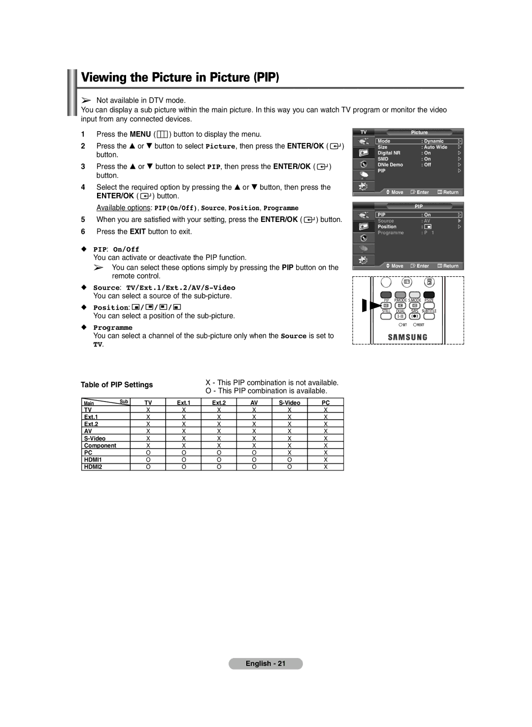 Samsung PS-50P7HD, PS-42P7HD manual Viewing the Picture in Picture PIP, Table of PIP Settings 