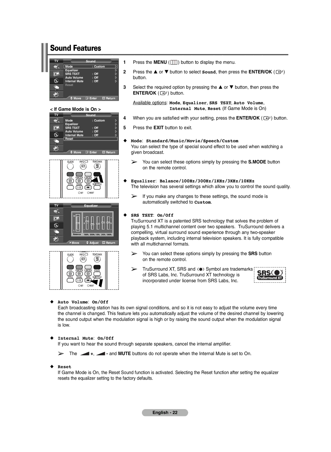 Samsung PS-42P7HD, PS-50P7HD manual Sound Features, If Game Mode is On 