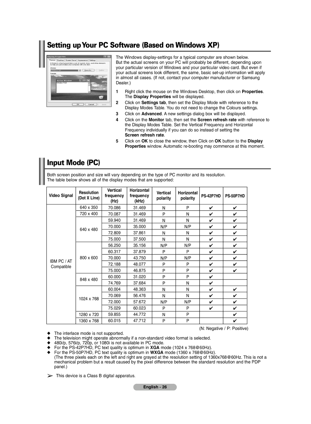 Samsung PS-42P7HD, PS-50P7HD Setting upYour PC Software Based on Windows XP, Input Mode PC, Screen refresh rate, Vertical 