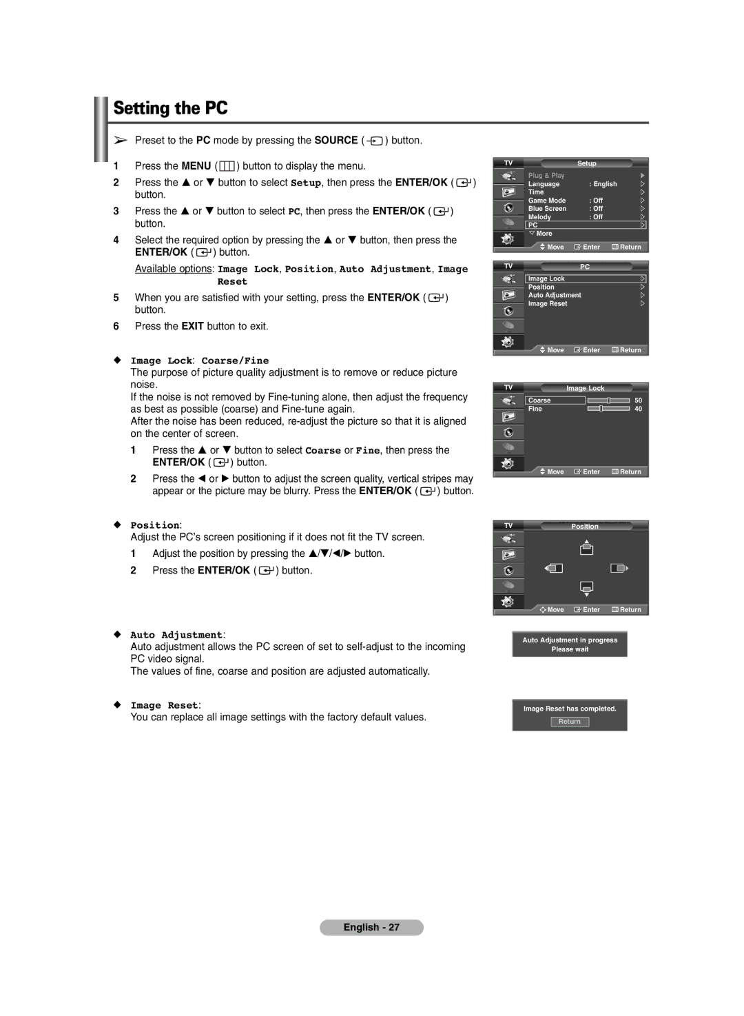 Samsung PS-50P7HD, PS-42P7HD manual Setting the PC, Image Lock Coarse/Fine, Auto Adjustment, Image Reset 