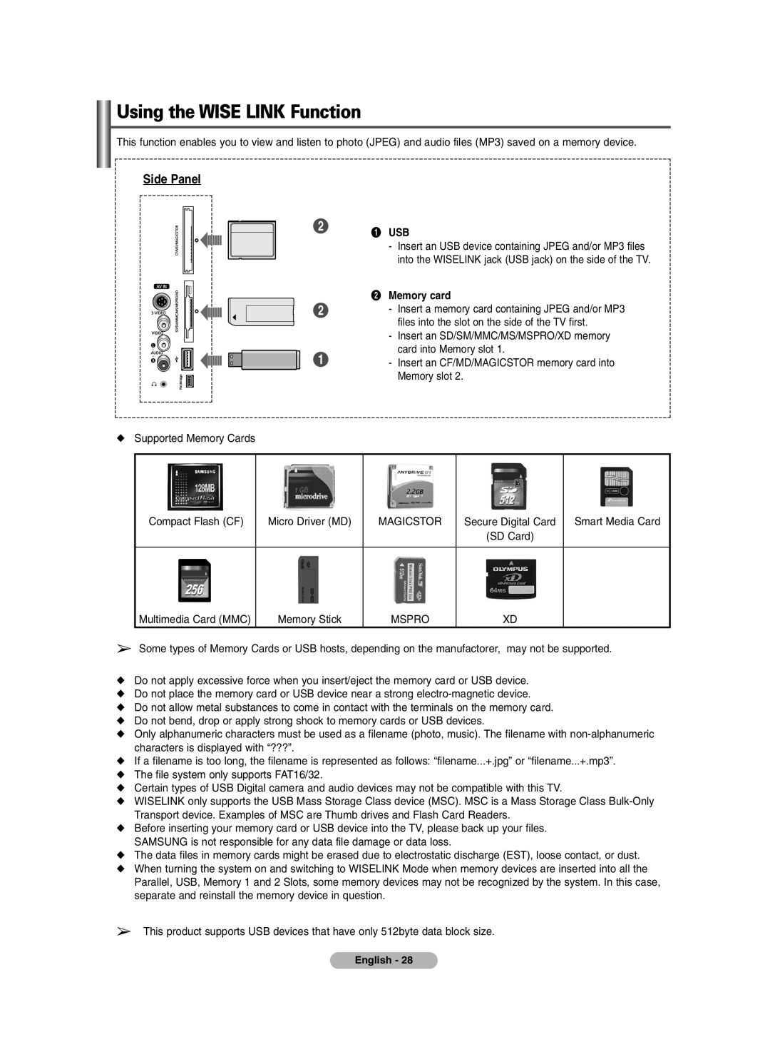 Samsung PS-42P7HD, PS-50P7HD manual Using the Wise Link Function, Supported Memory Cards, ´ Memory card 