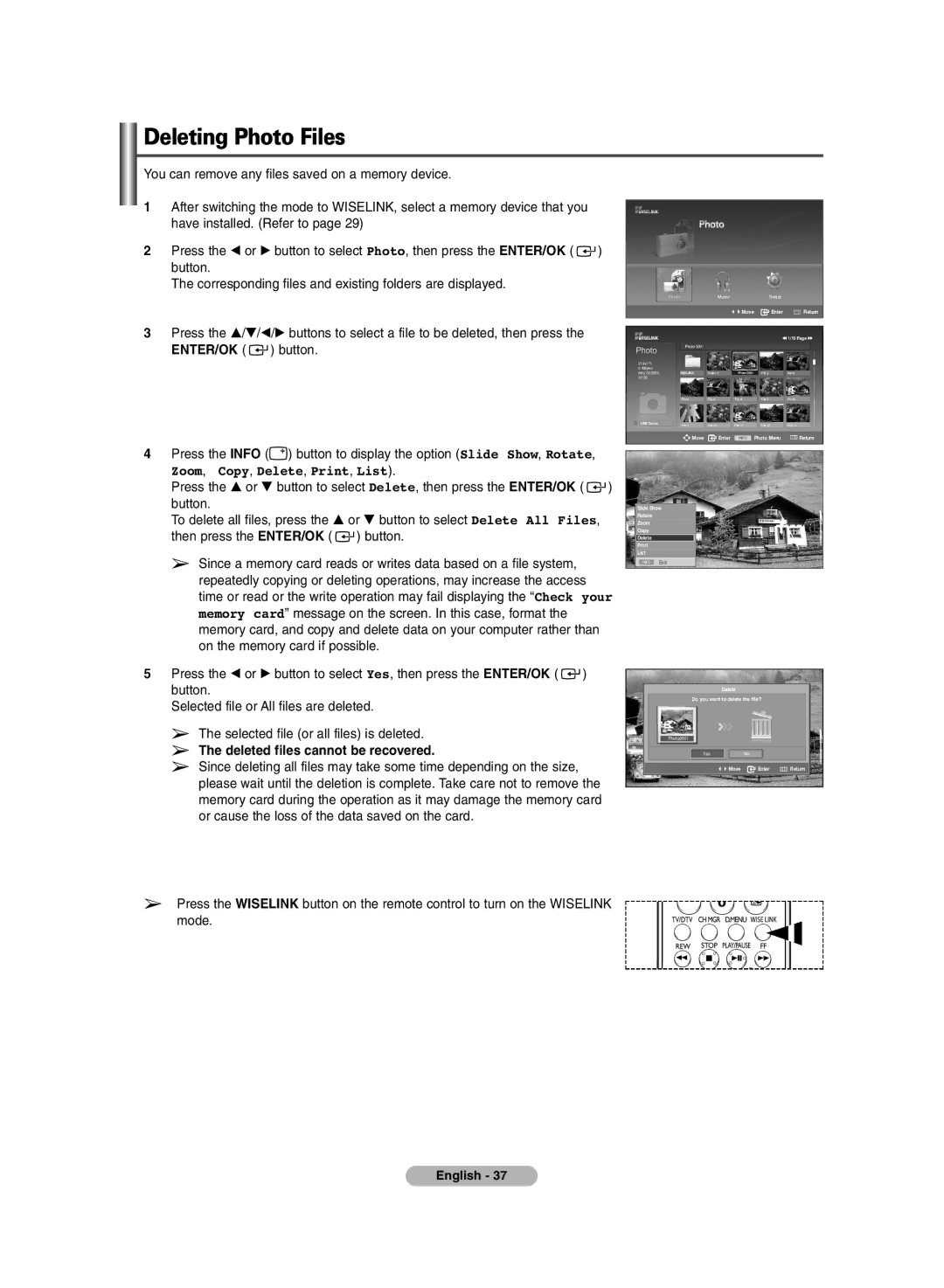 Samsung PS-50P7HD, PS-42P7HD manual Deleting Photo Files, Deleted files cannot be recovered 