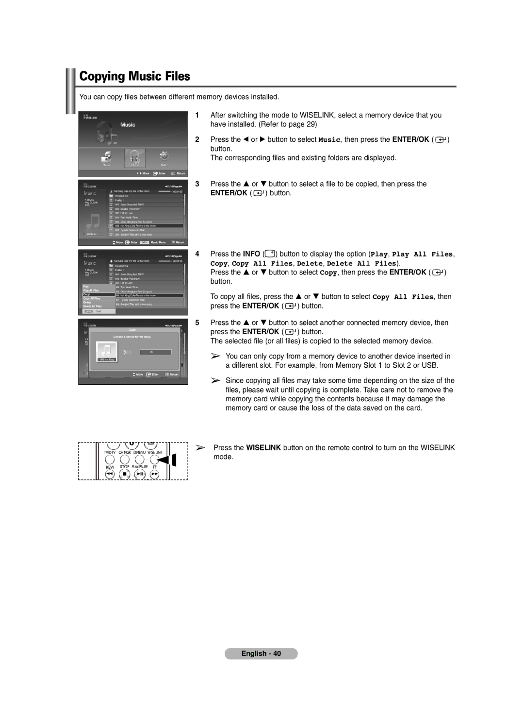 Samsung PS-42P7HD, PS-50P7HD manual Copying Music Files, Copy, Copy All Files, Delete, Delete All Files 