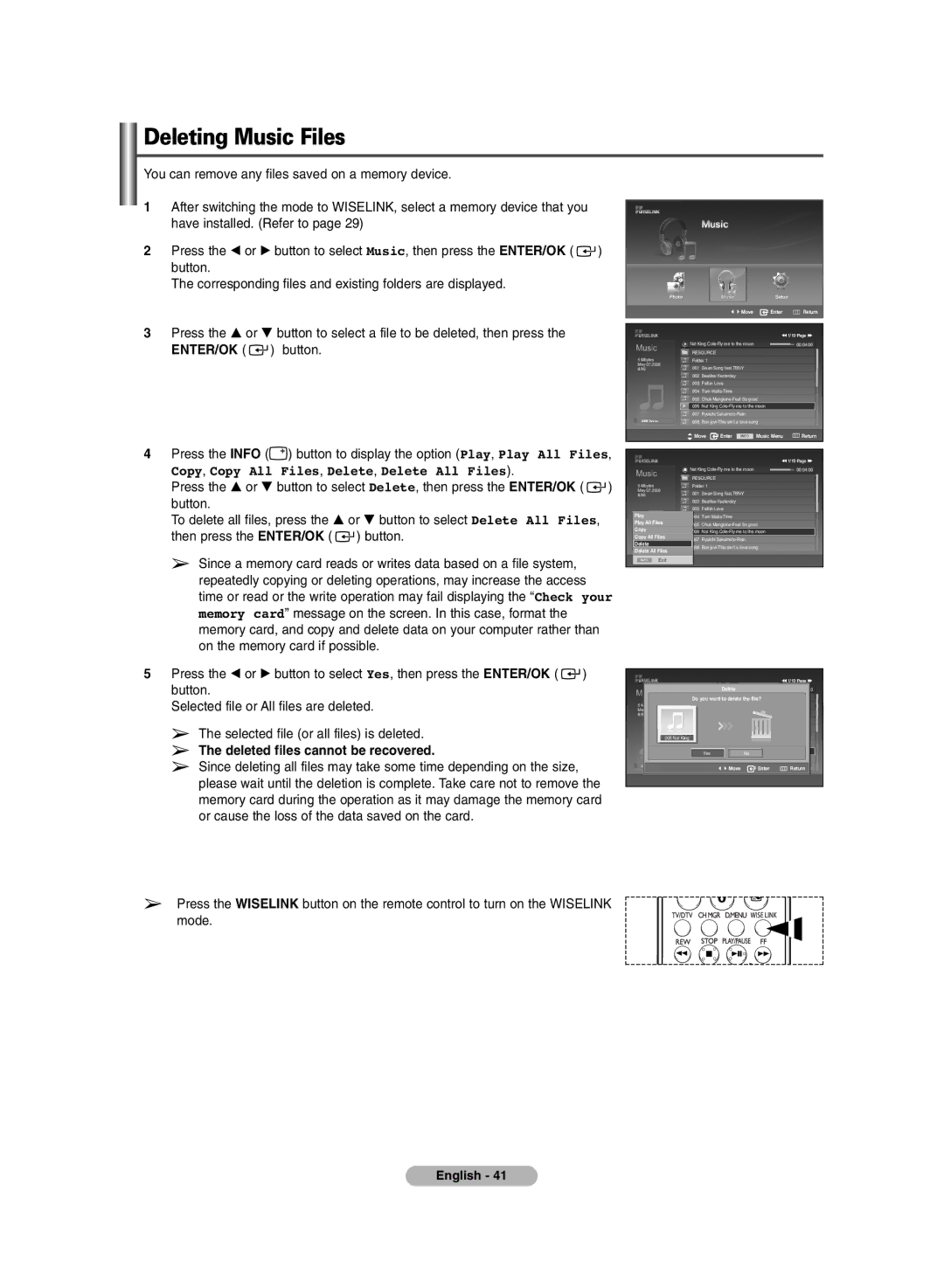 Samsung PS-50P7HD, PS-42P7HD manual Deleting Music Files, Do RESOURCEyou want to delete the file? 