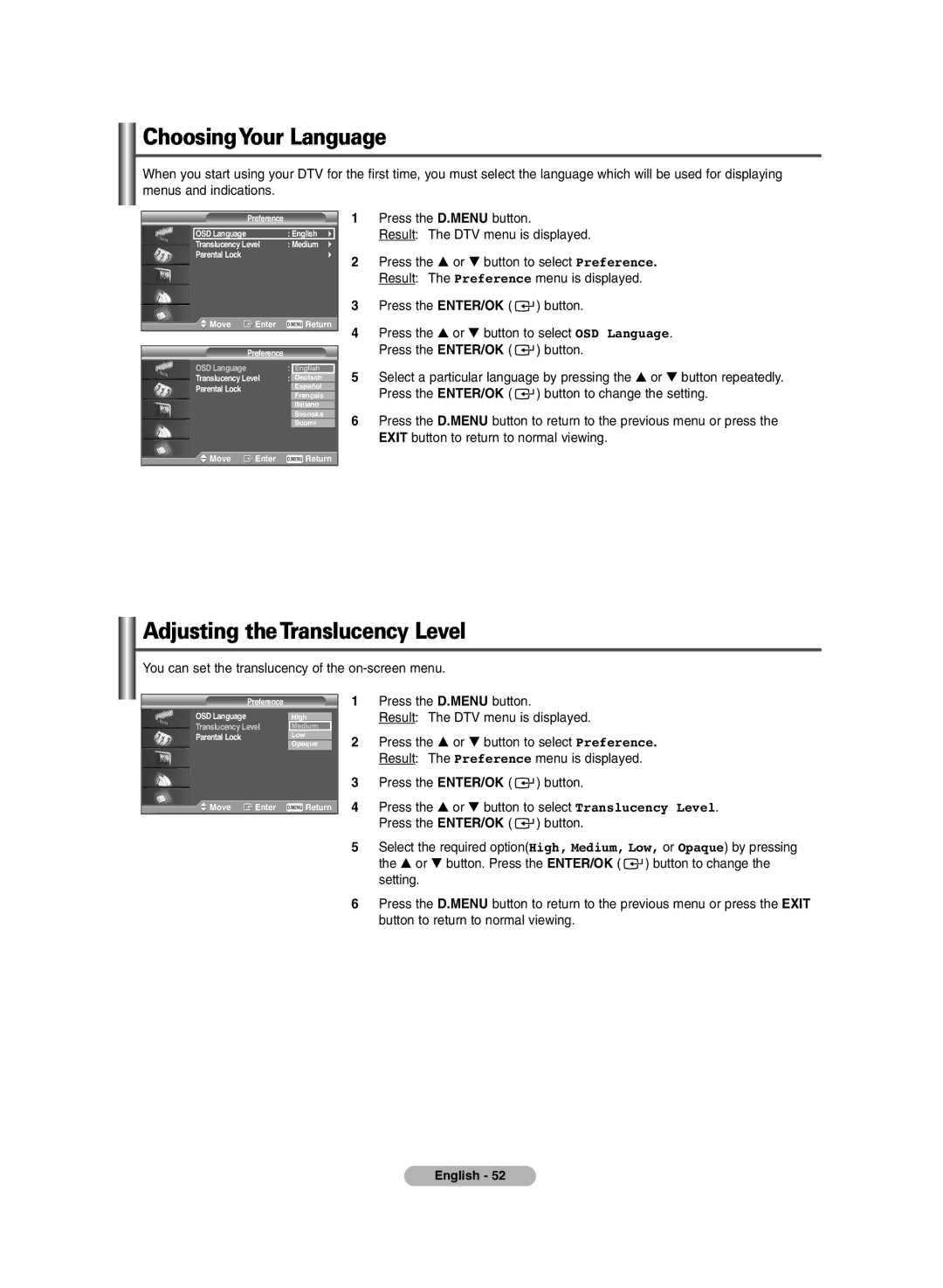 Samsung PS-42P7HD, PS-50P7HD manual ChoosingYour Language, Adjusting theTranslucency Level 