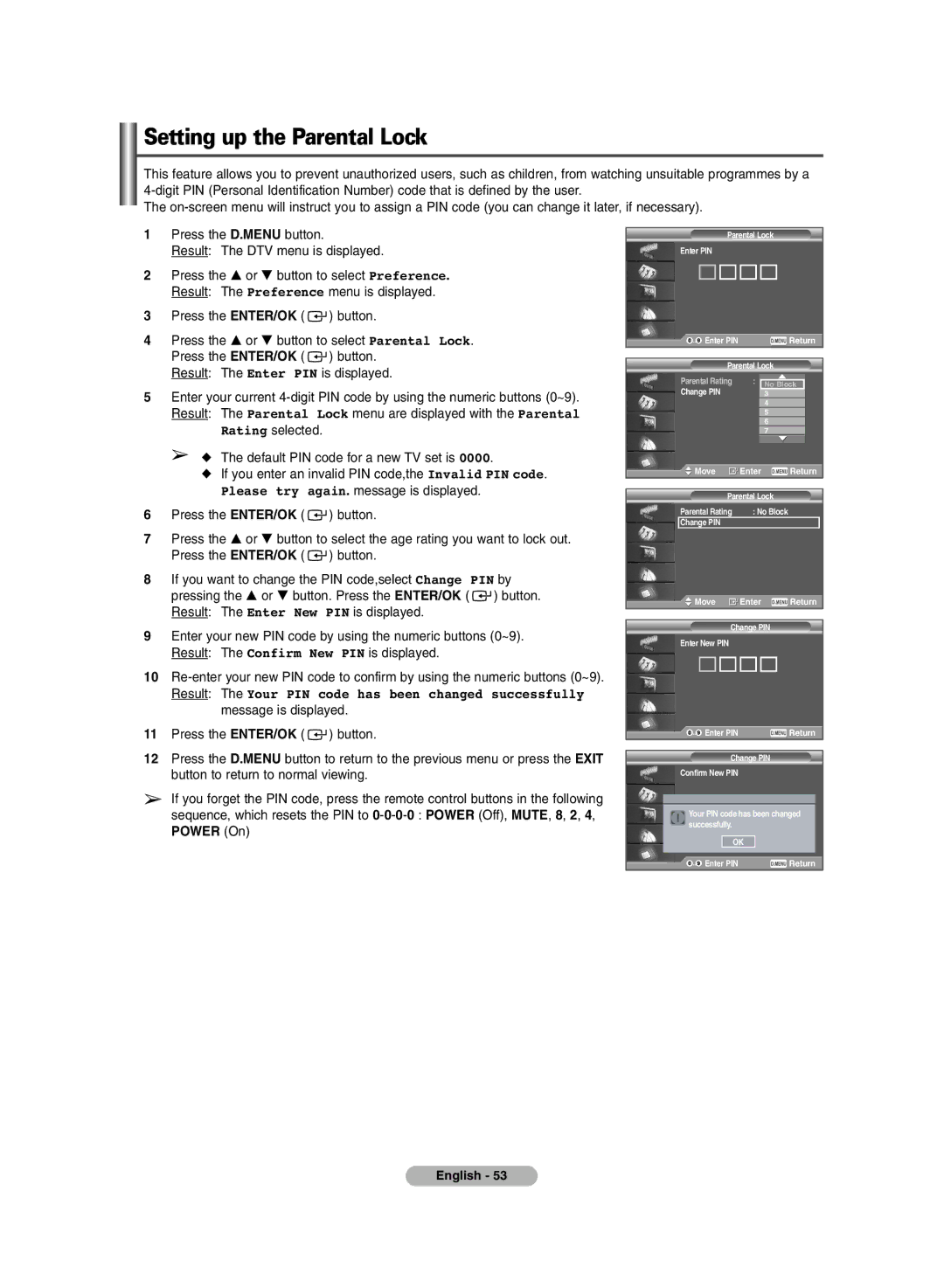 Samsung PS-50P7HD, PS-42P7HD manual Setting up the Parental Lock 