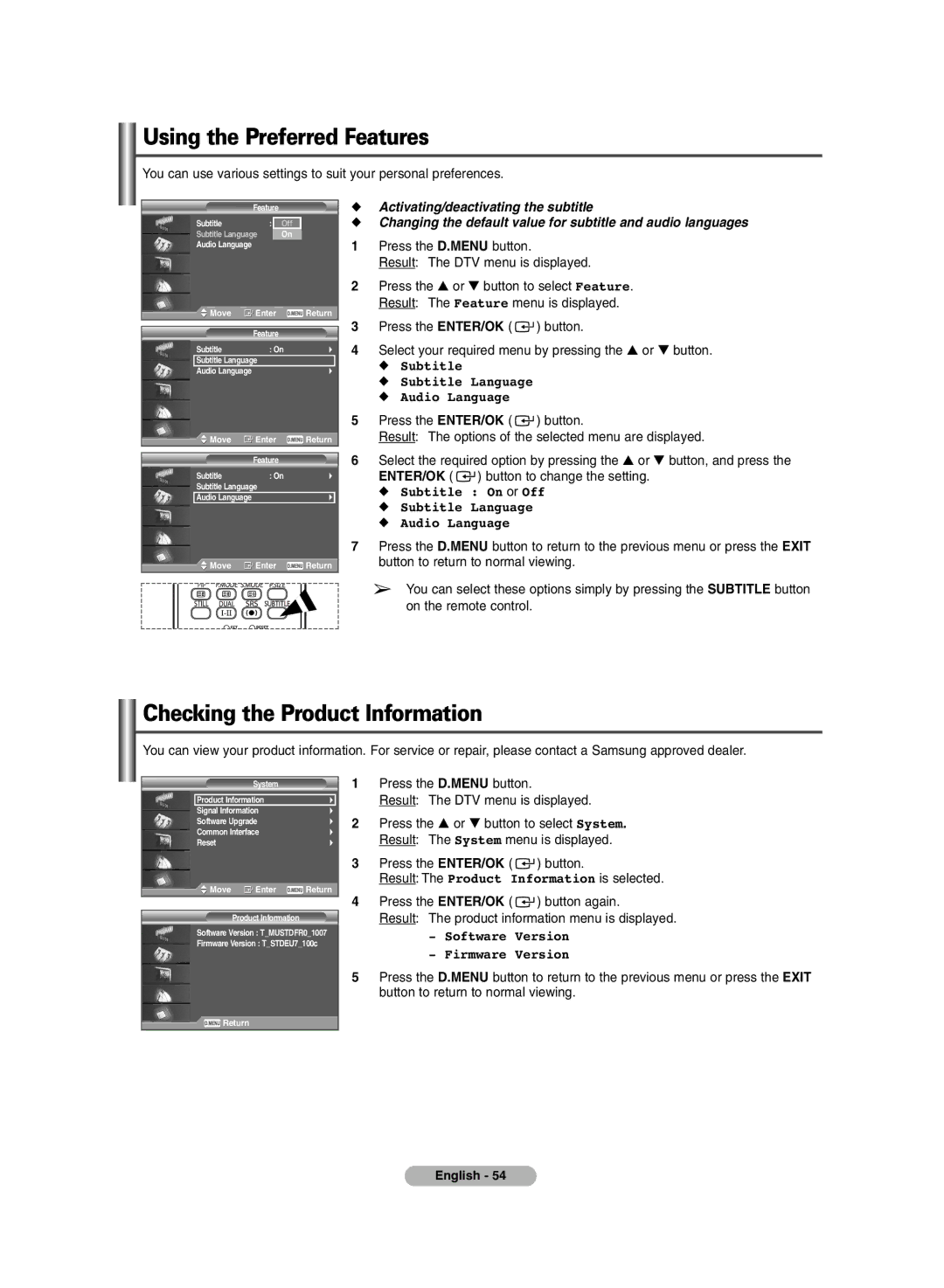 Samsung PS-42P7HD, PS-50P7HD manual Using the Preferred Features, Checking the Product Information 