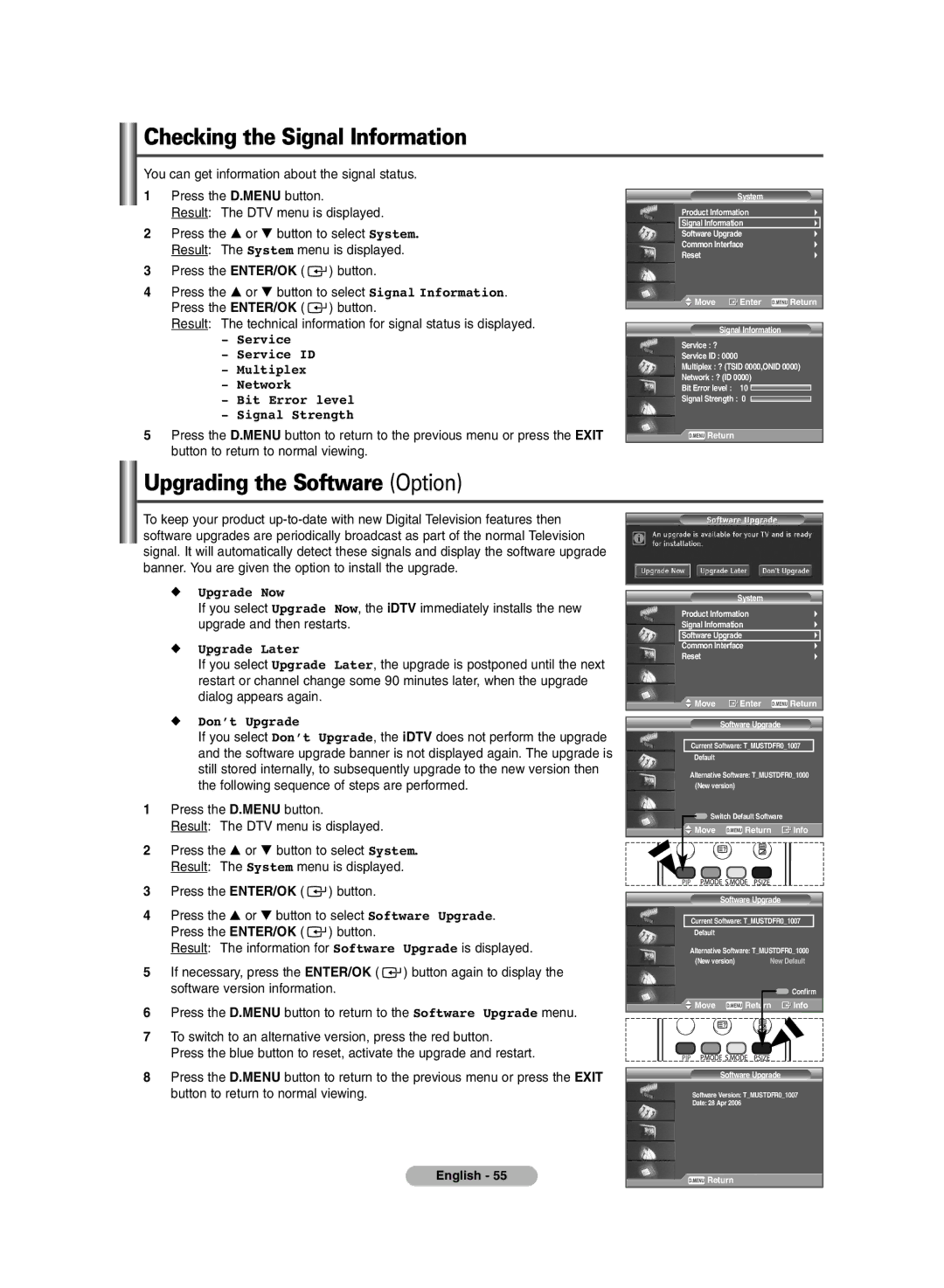 Samsung PS-50P7HD, PS-42P7HD manual Checking the Signal Information, Upgrading the Software Option 