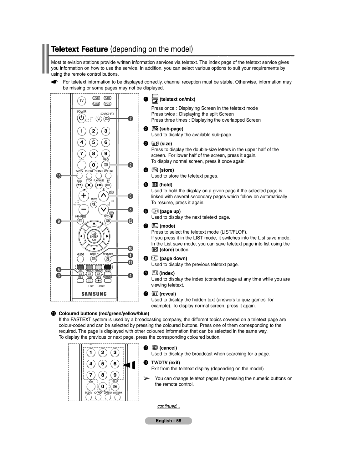 Samsung PS-42P7HD Teletext on/mix, ´ sub-page, Size, ¨ store, Hold, ∏ mode, Store button Down, ’ index, ˝ reveal,  cancel 