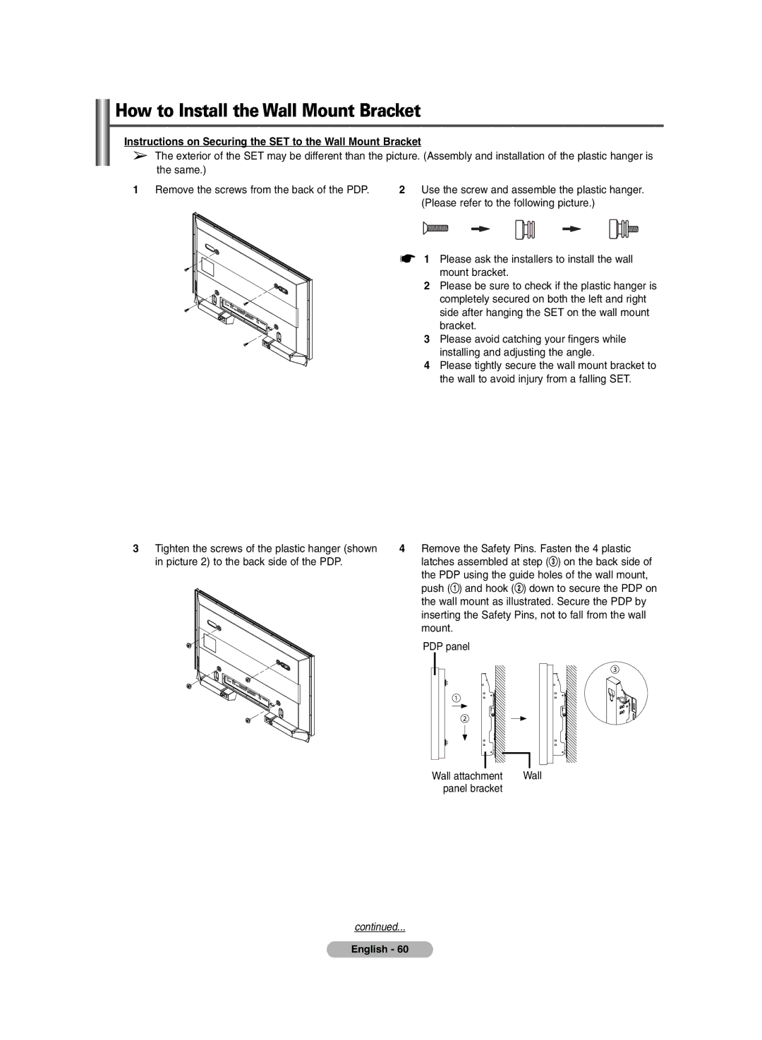 Samsung PS-42P7HD, PS-50P7HD manual Instructions on Securing the SET to the Wall Mount Bracket, Panel bracket 