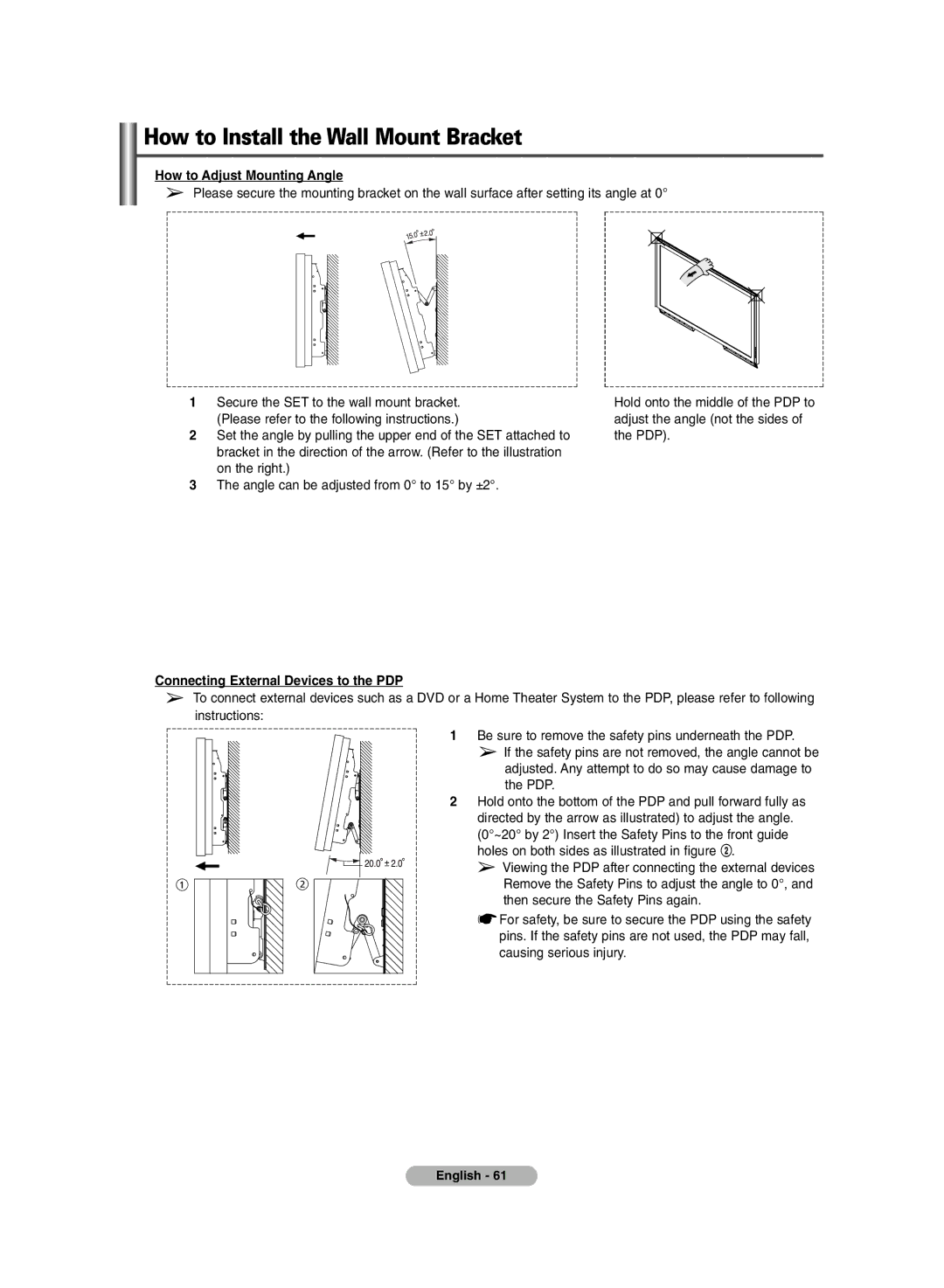 Samsung PS-50P7HD, PS-42P7HD manual How to Adjust Mounting Angle, Connecting External Devices to the PDP 