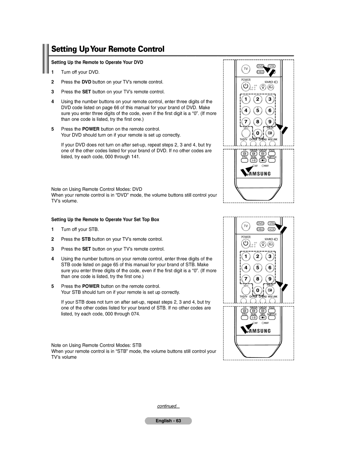 Samsung PS-50P7HD, PS-42P7HD Setting Up the Remote to Operate Your DVD, Setting Up the Remote to Operate Your Set Top Box 