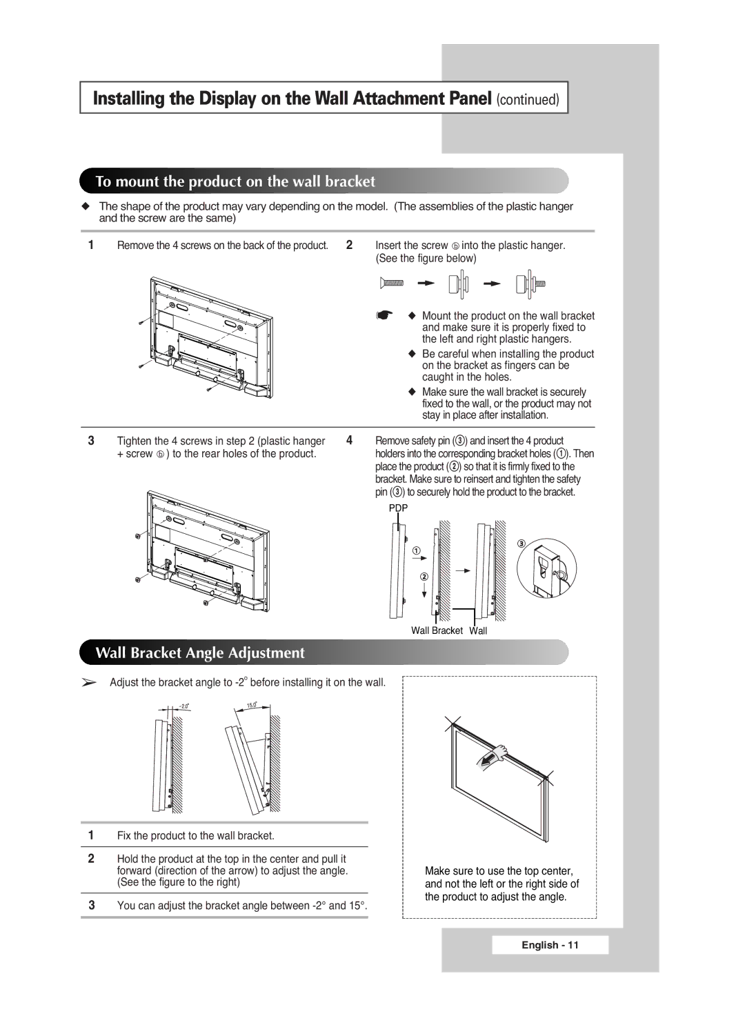 Samsung PS-42S5S manual Insert the screw into the plastic hanger, See the figure below, Left and right plastic hangers 