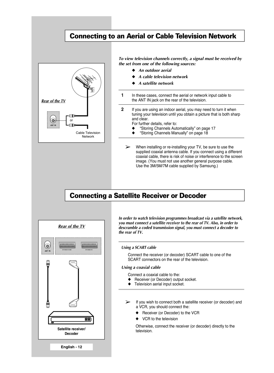 Samsung PS-42S5S manual Connecting to an Aerial or Cable Television Network, Connecting a Satellite Receiver or Decoder 