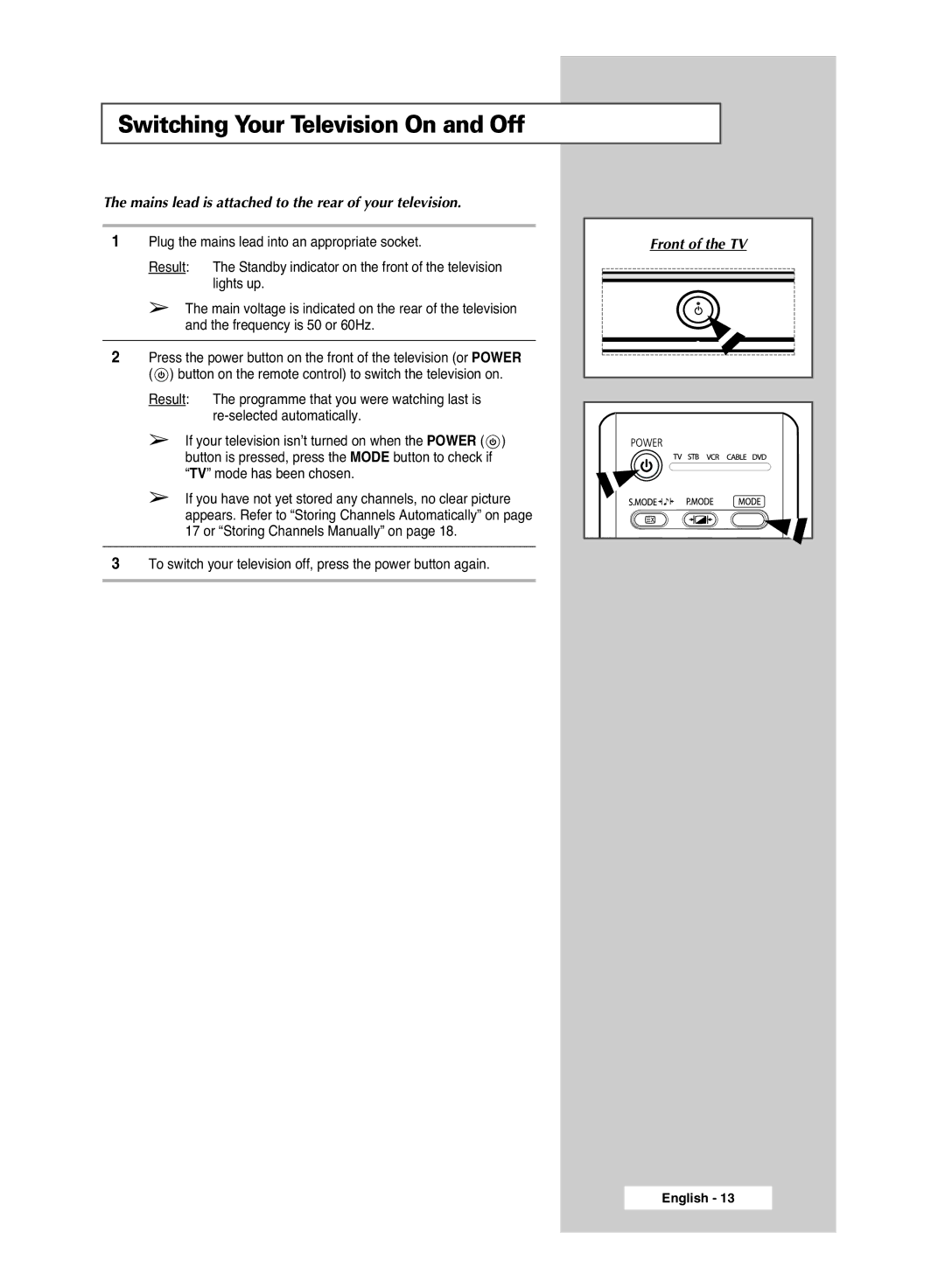 Samsung PS-42S5S manual Switching Your Television On and Off, Mains lead is attached to the rear of your television 