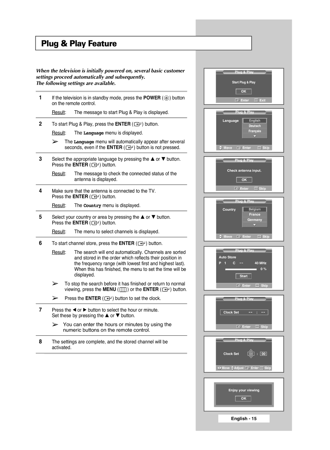 Samsung PS-42S5S manual Plug & Play Feature, Press the Enter button to set the clock 