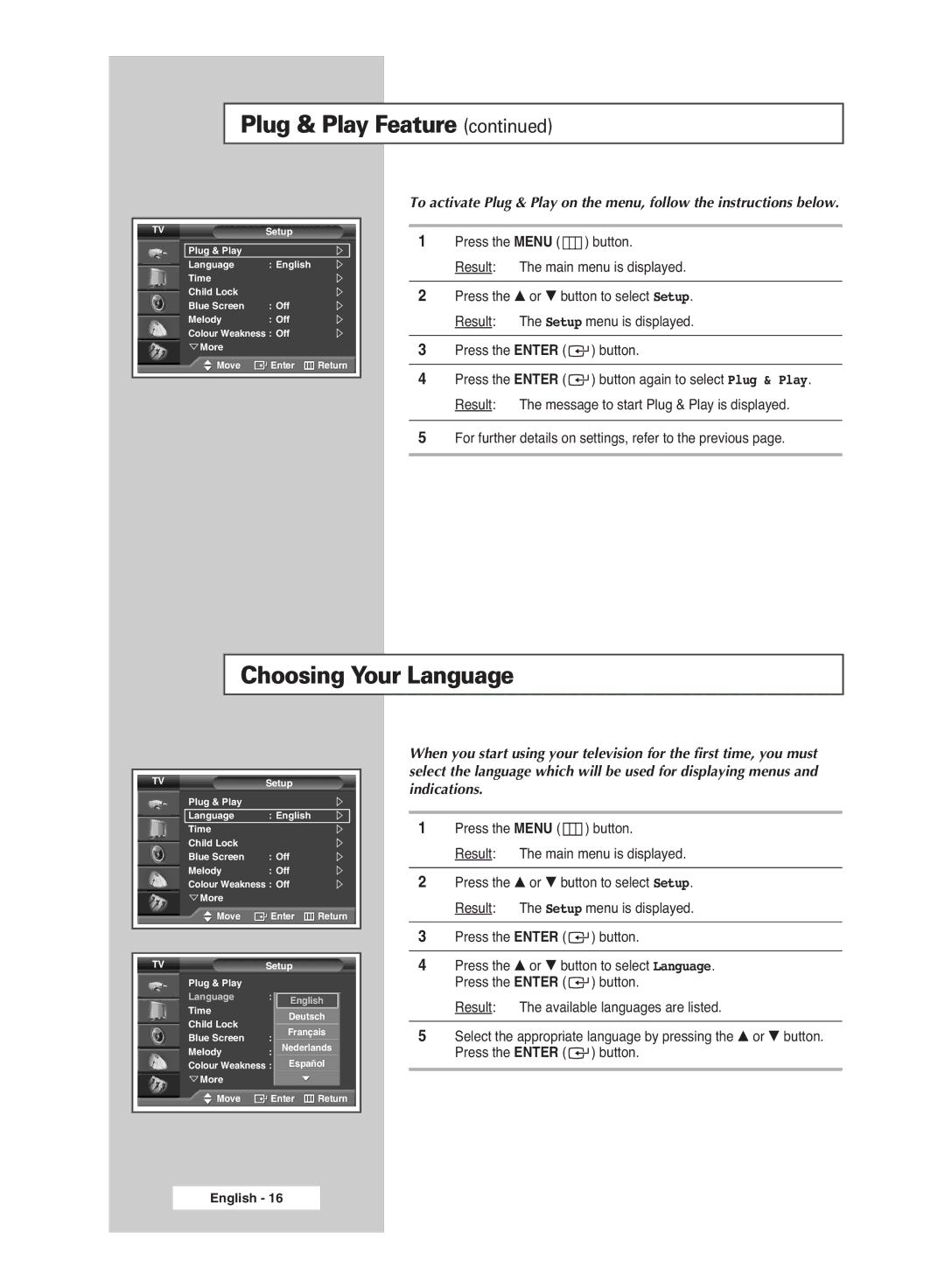 Samsung PS-42S5S Choosing Your Language, Press the Menu button Result The main menu is displayed, Press the Enter button 