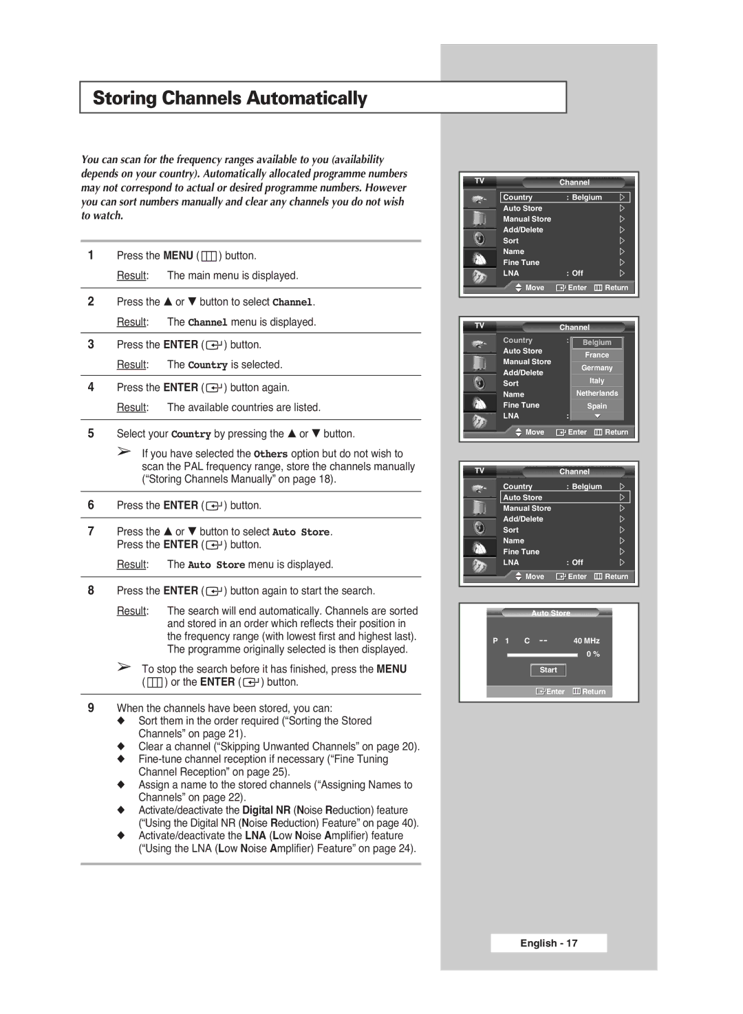 Samsung PS-42S5S manual Storing Channels Automatically, Select your Country by pressing the … or † button 