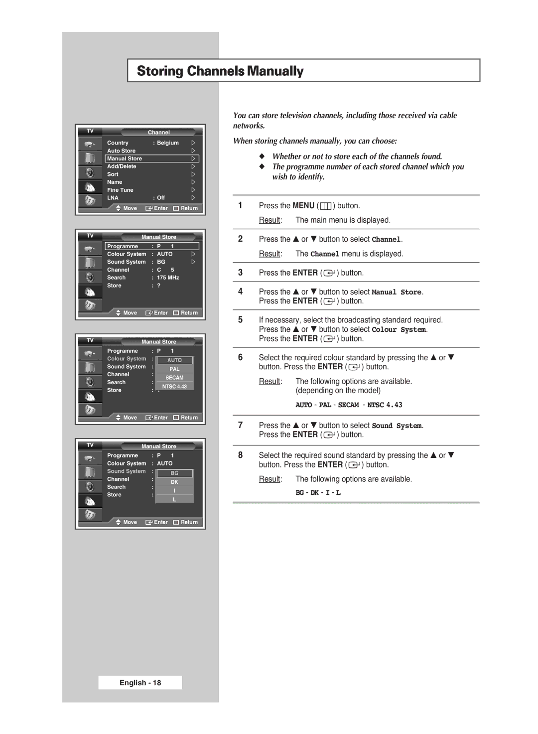 Samsung PS-42S5S manual Storing ChannelsManually, Auto 