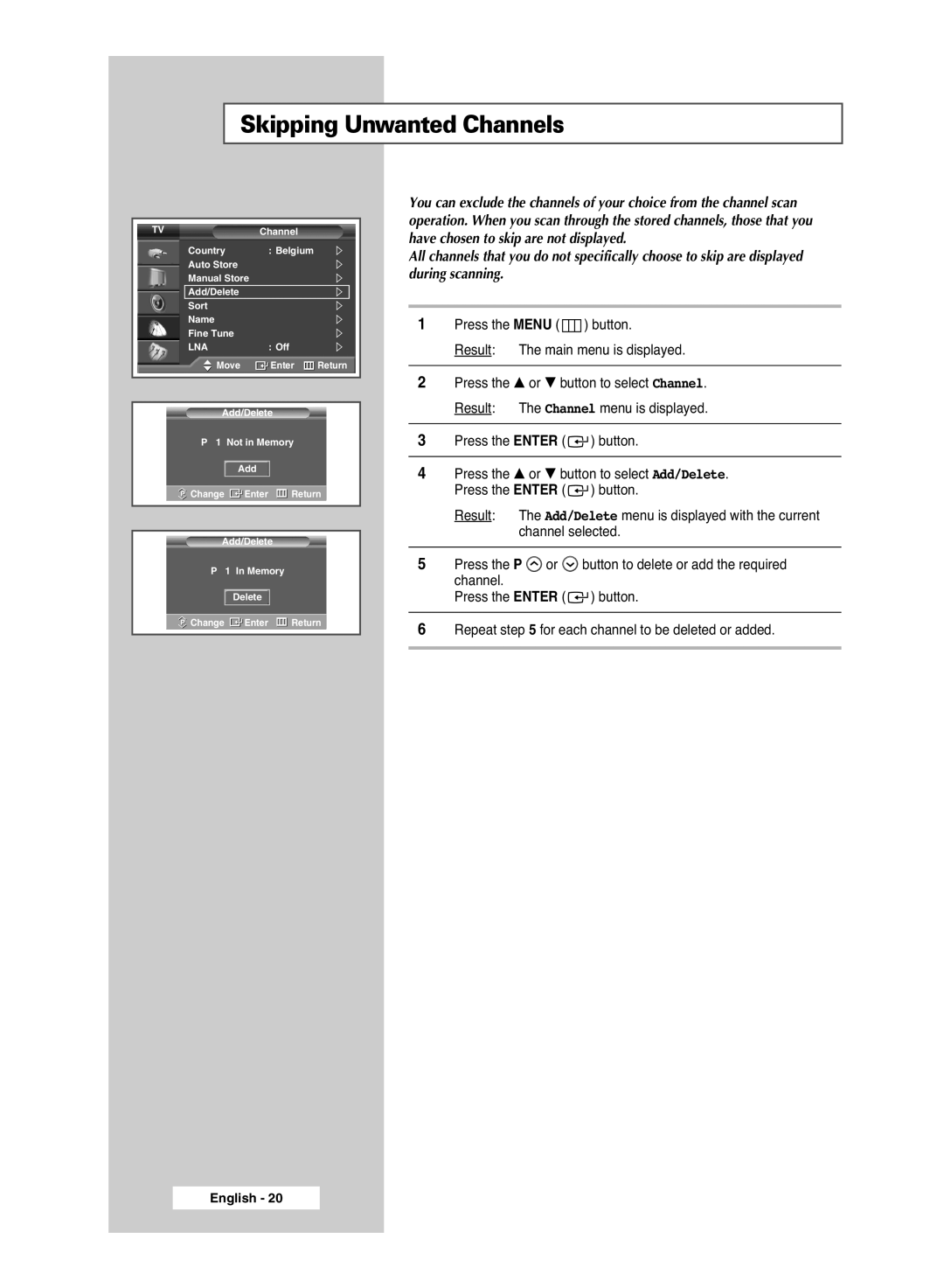 Samsung PS-42S5S manual Skipping Unwanted Channels, Press the Enter button 