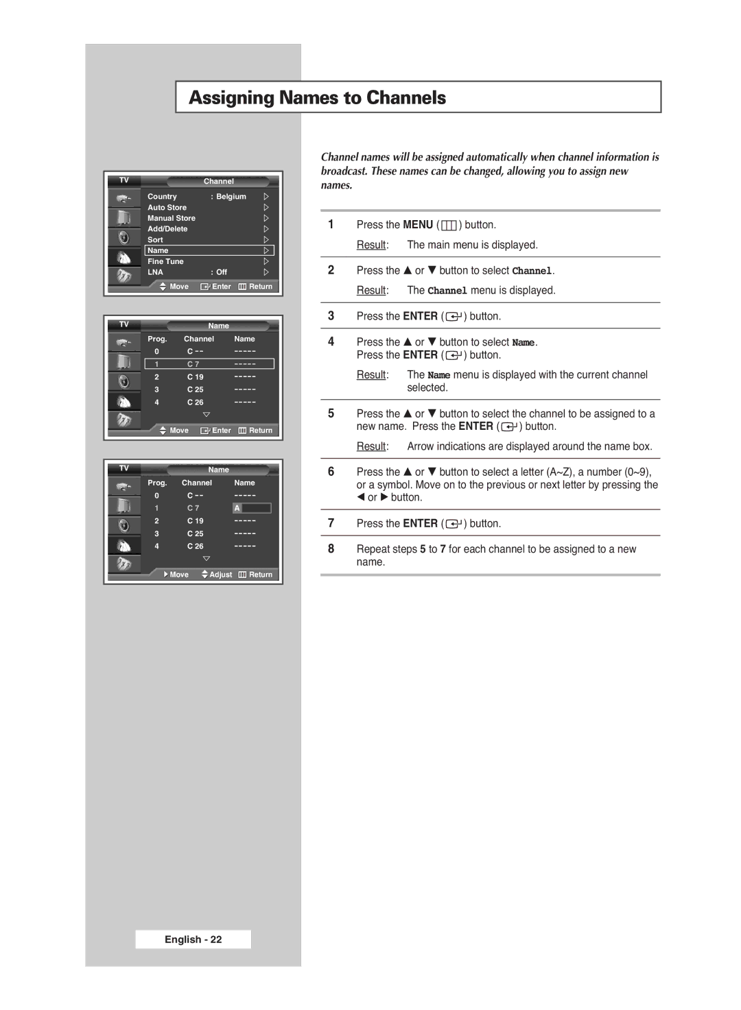 Samsung PS-42S5S manual Assigning Names to Channels 