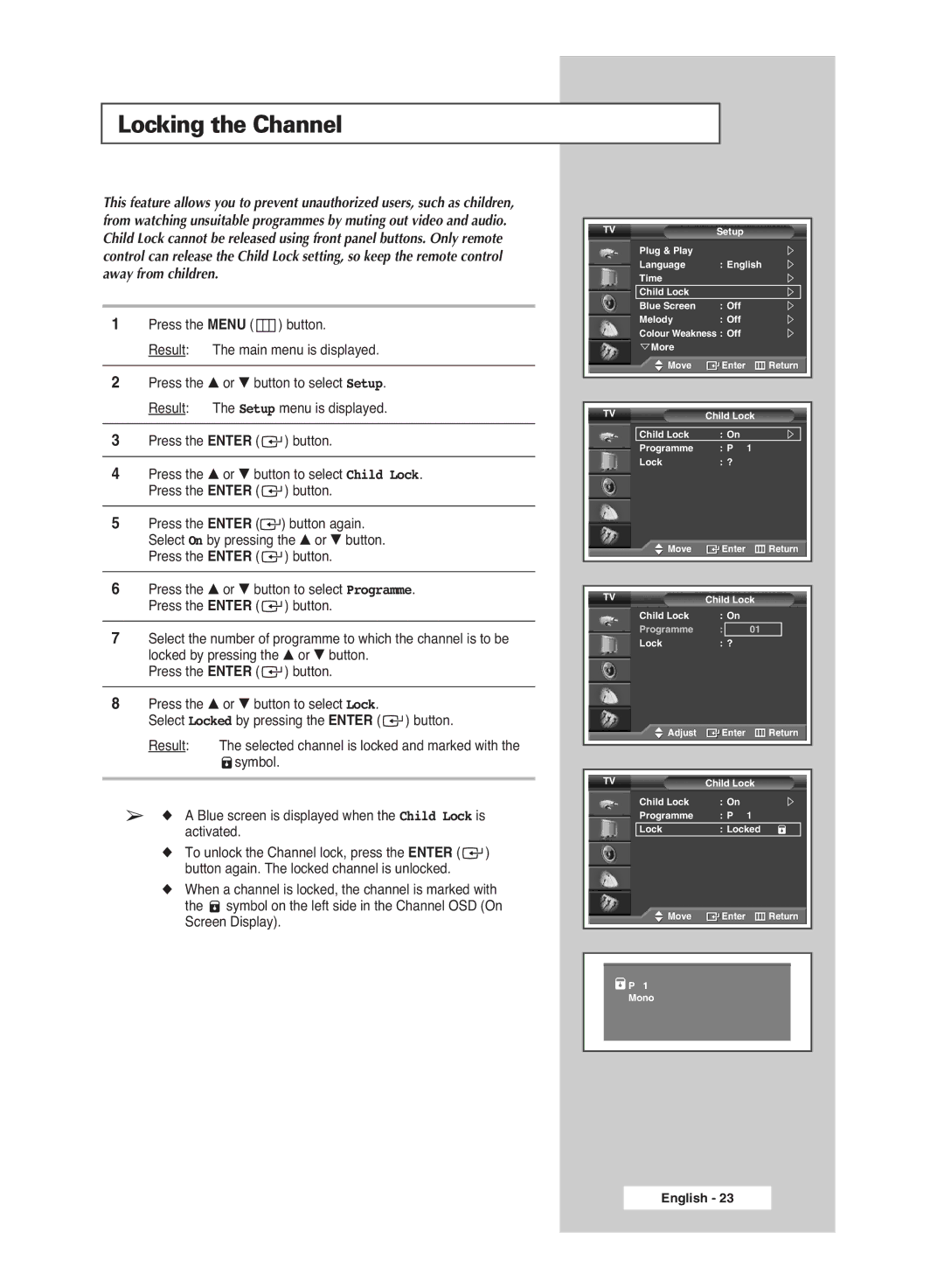 Samsung PS-42S5S manual Locking the Channel 