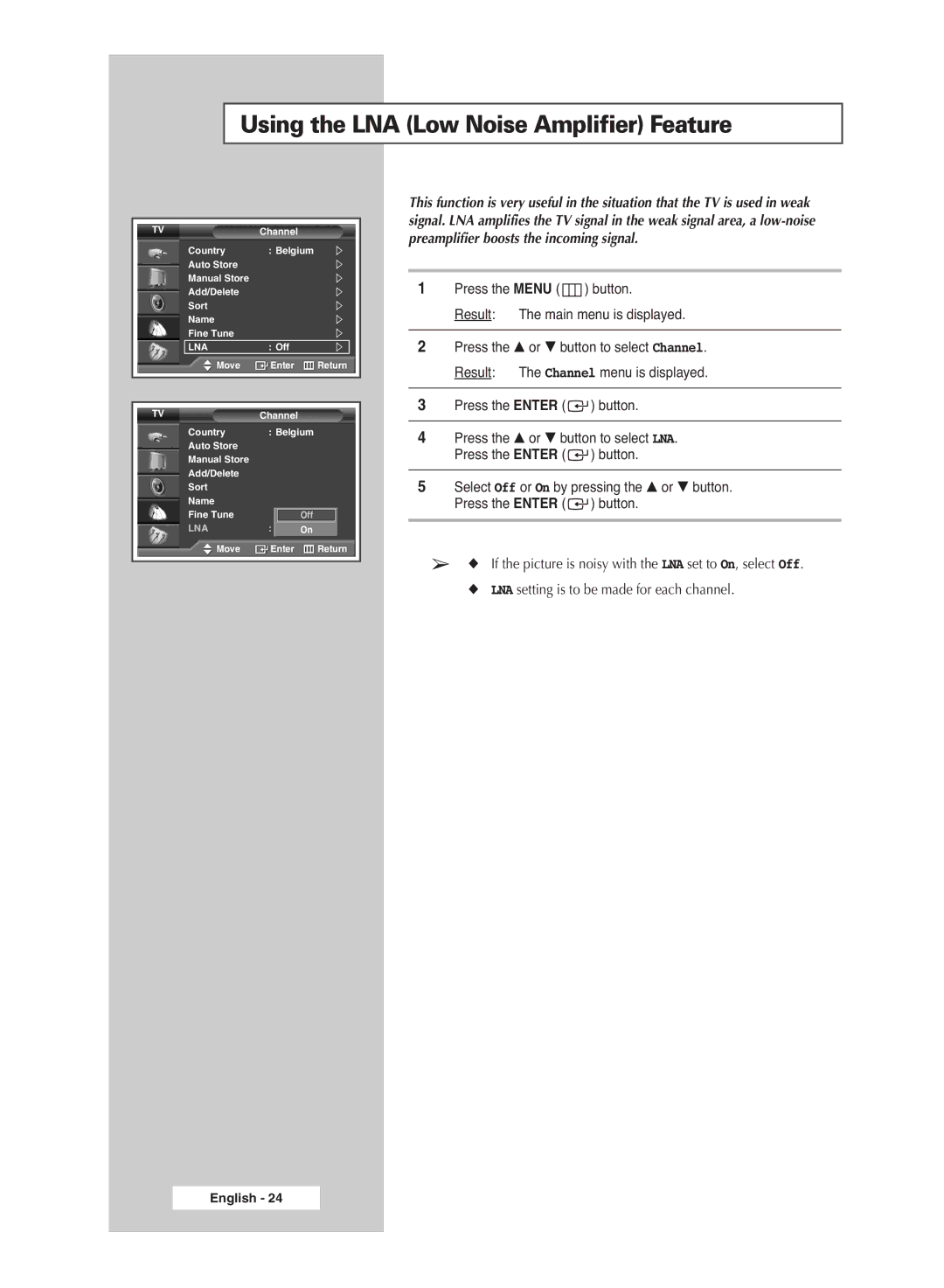 Samsung PS-42S5S manual Using the LNA Low Noise Amplifier Feature 