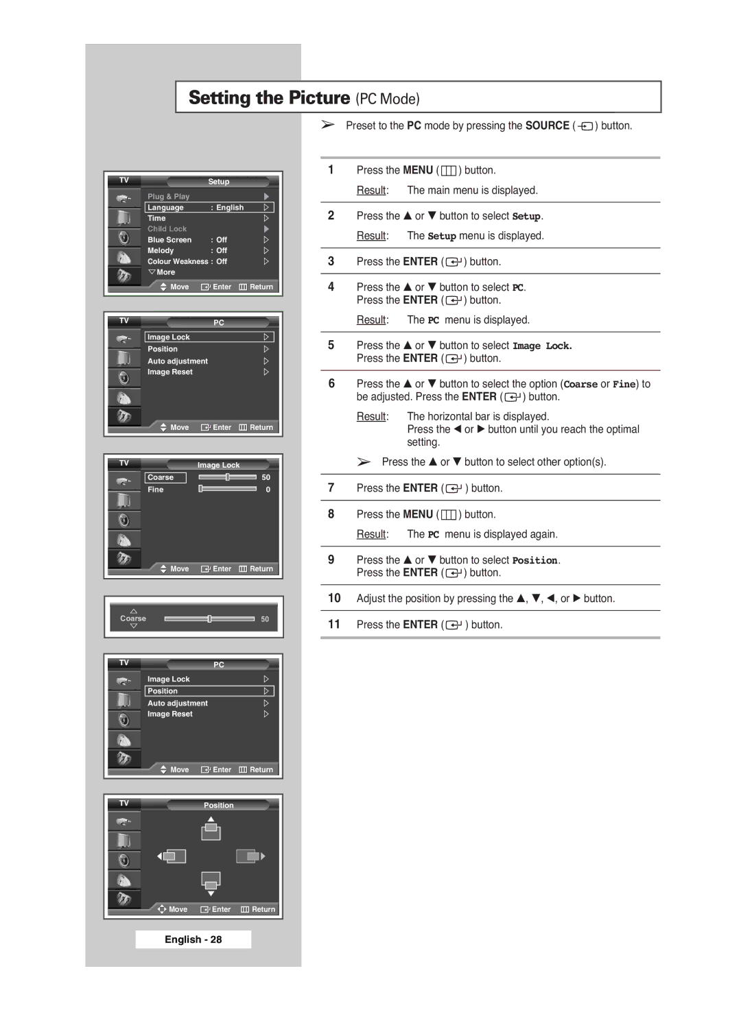 Samsung PS-42S5S manual Setting the Picture PC Mode, Preset to the PC mode by pressing the Source button 