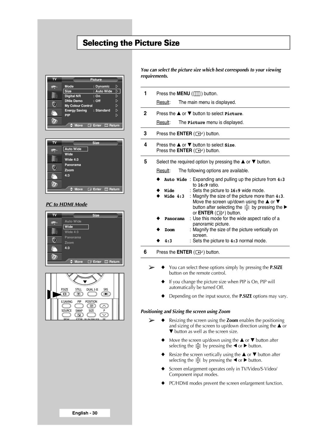 Samsung PS-42S5S manual Selecting the Picture Size, Positioning and Sizing the screen using Zoom 