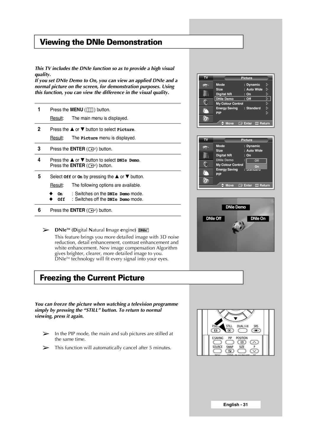 Samsung PS-42S5S manual Viewing the DNIe Demonstration, Freezing the Current Picture 