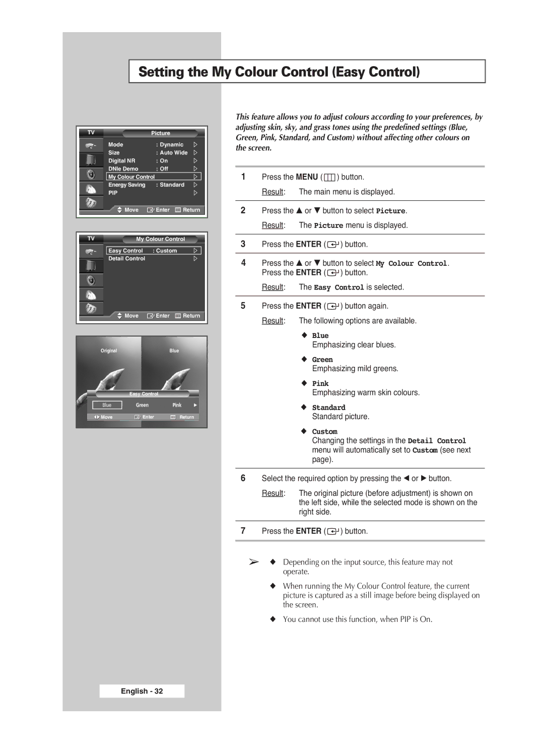 Samsung PS-42S5S manual Setting the My Colour Control Easy Control, Emphasizing clear blues, Emphasizing mild greens 