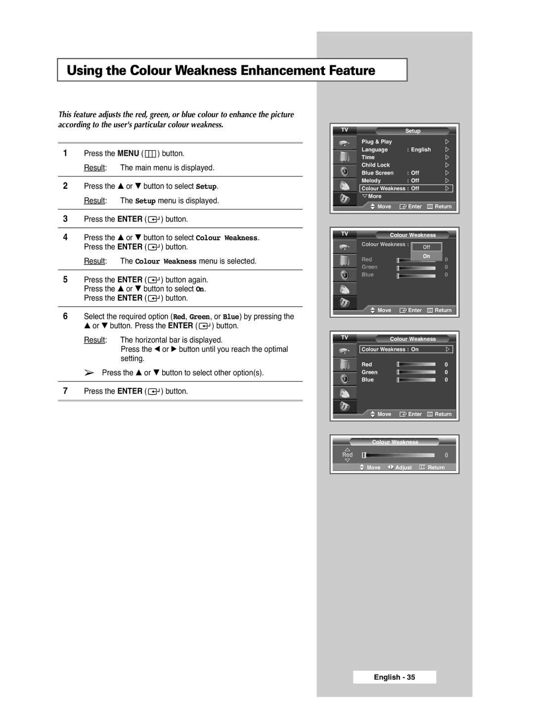 Samsung PS-42S5S manual Using the Colour Weakness Enhancement Feature 