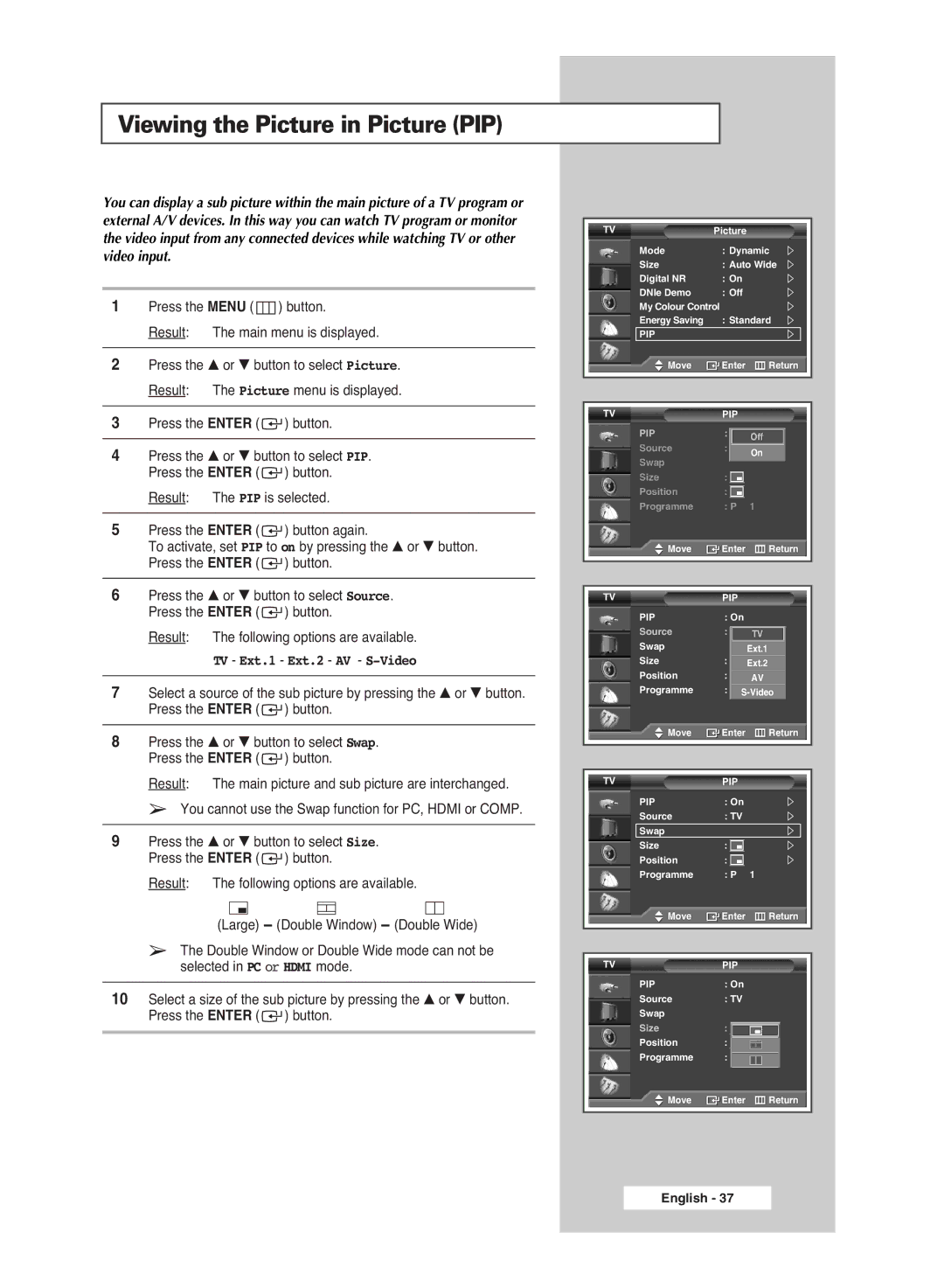 Samsung PS-42S5S manual Viewing the Picture in Picture PIP, TV Ext.1 Ext.2 AV S-Video 