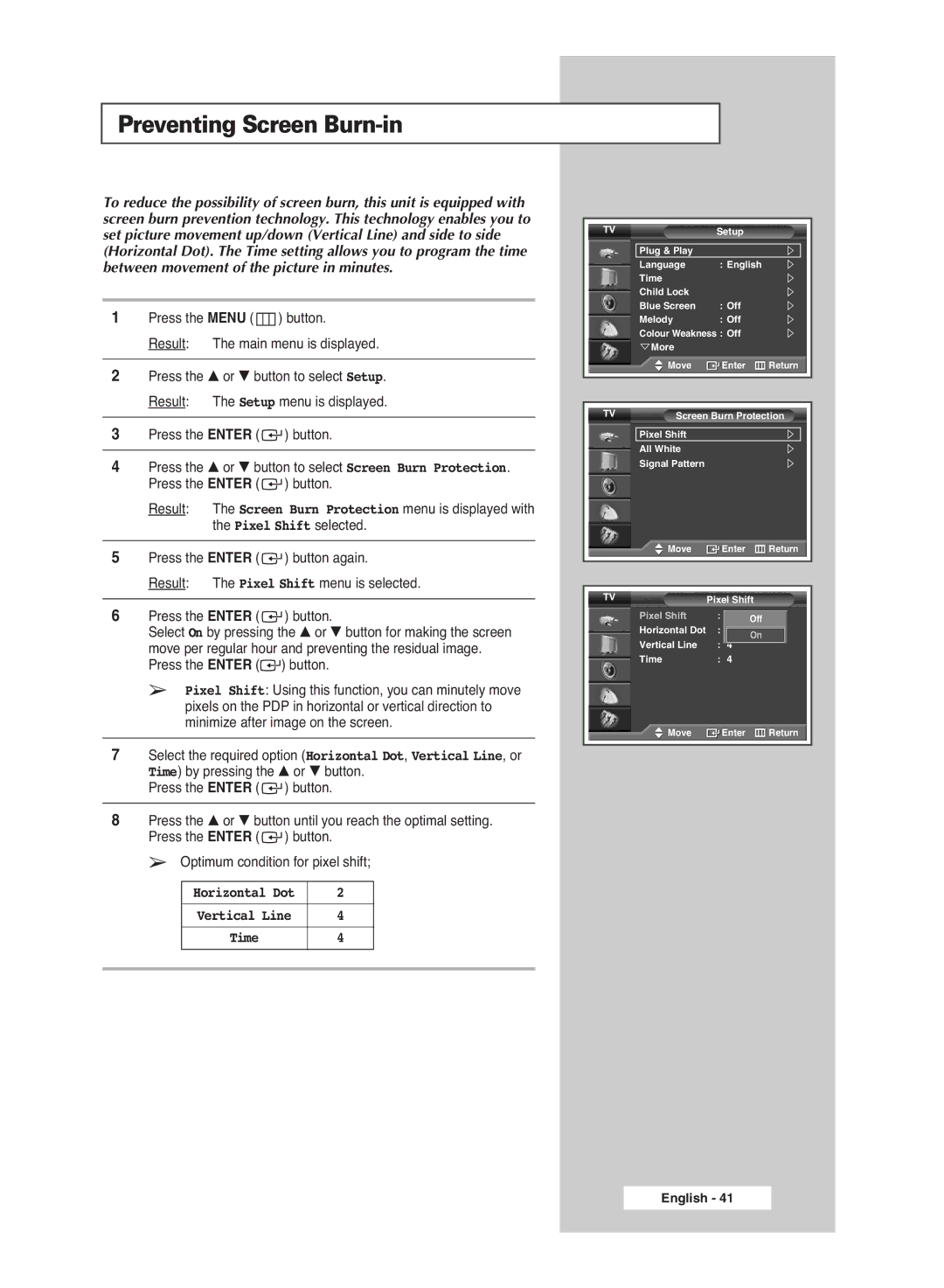 Samsung PS-42S5S manual Preventing Screen Burn-in, Horizontal Dot Vertical Line Time 