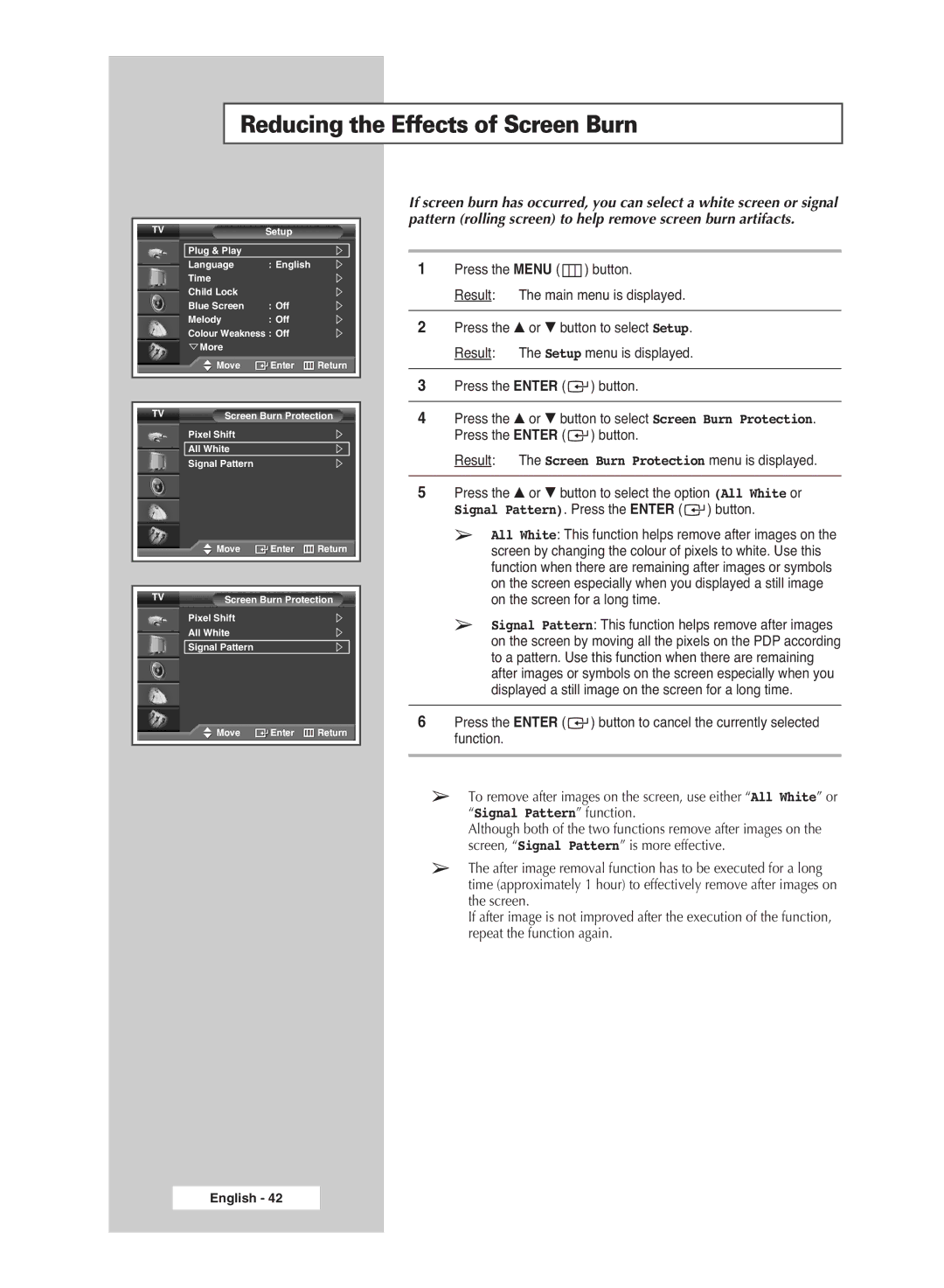 Samsung PS-42S5S manual Reducing the Effects of Screen Burn 