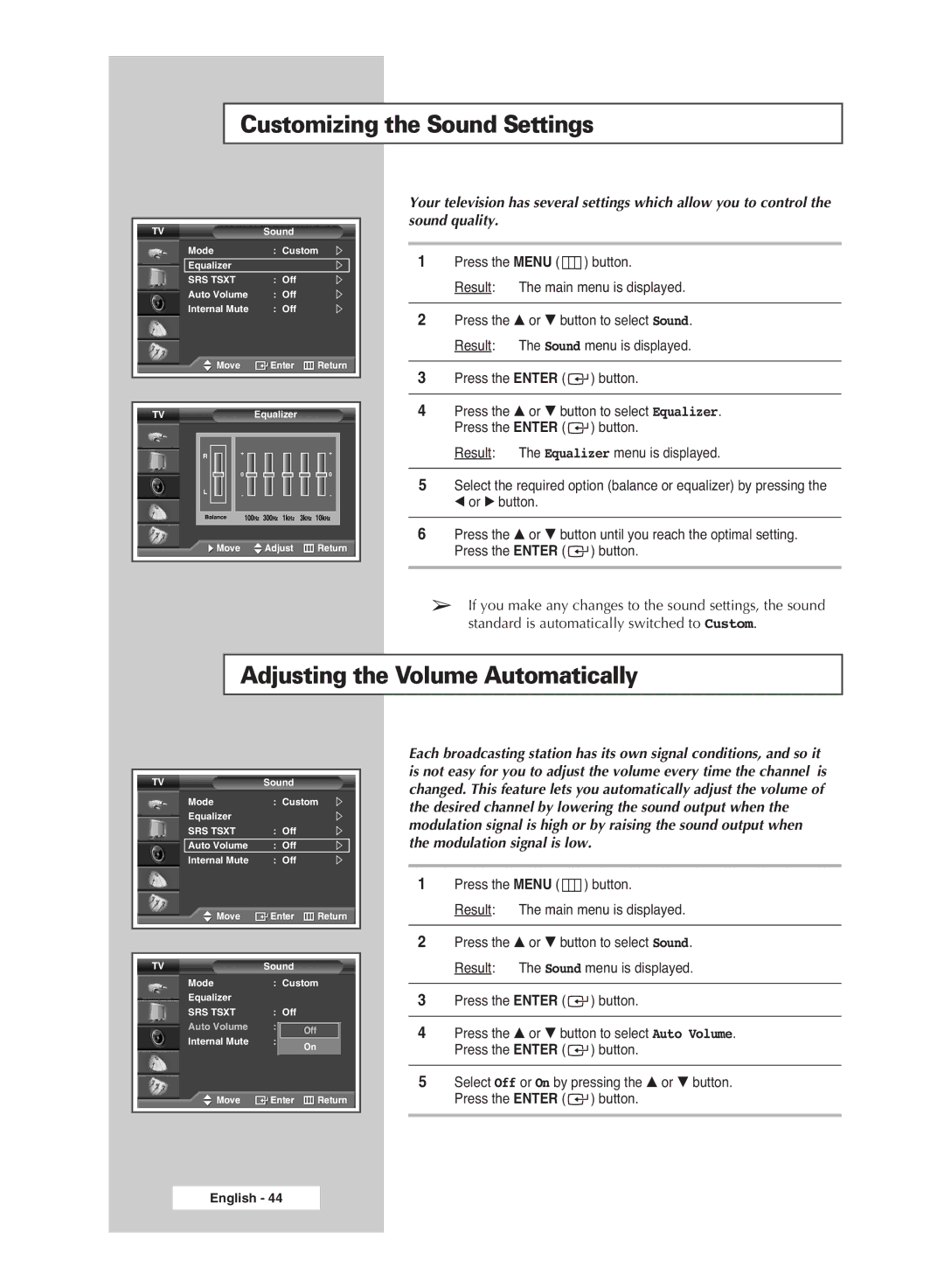 Samsung PS-42S5S manual Customizing the Sound Settings, Adjusting the Volume Automatically 