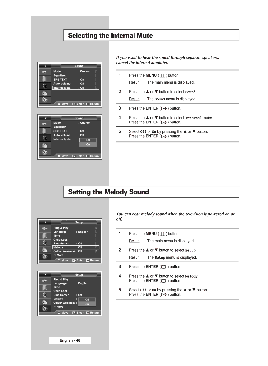 Samsung PS-42S5S manual Selecting the Internal Mute, Setting the Melody Sound 