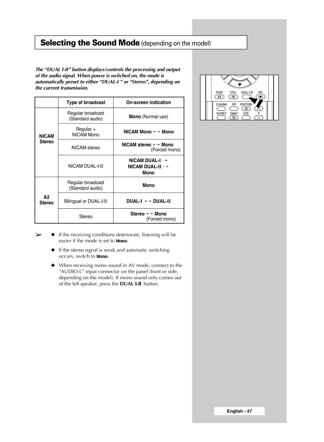 Samsung PS-42S5S manual Selecting the Sound Mode depending on the model 