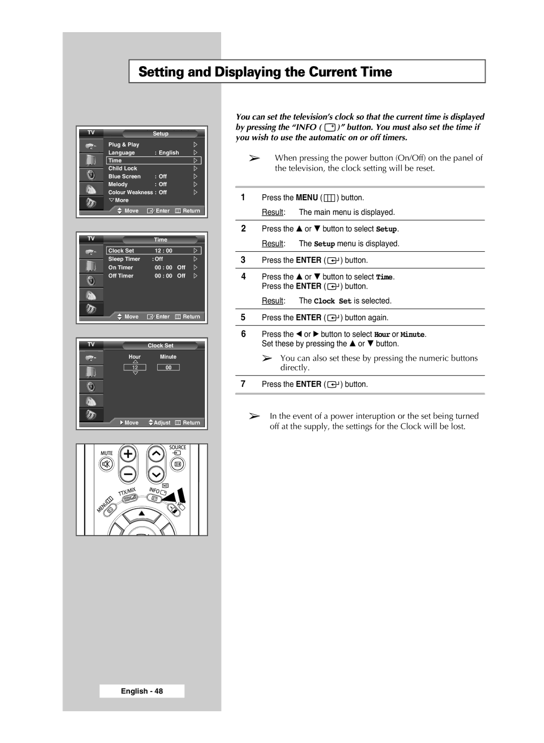 Samsung PS-42S5S manual Setting and Displaying the Current Time 