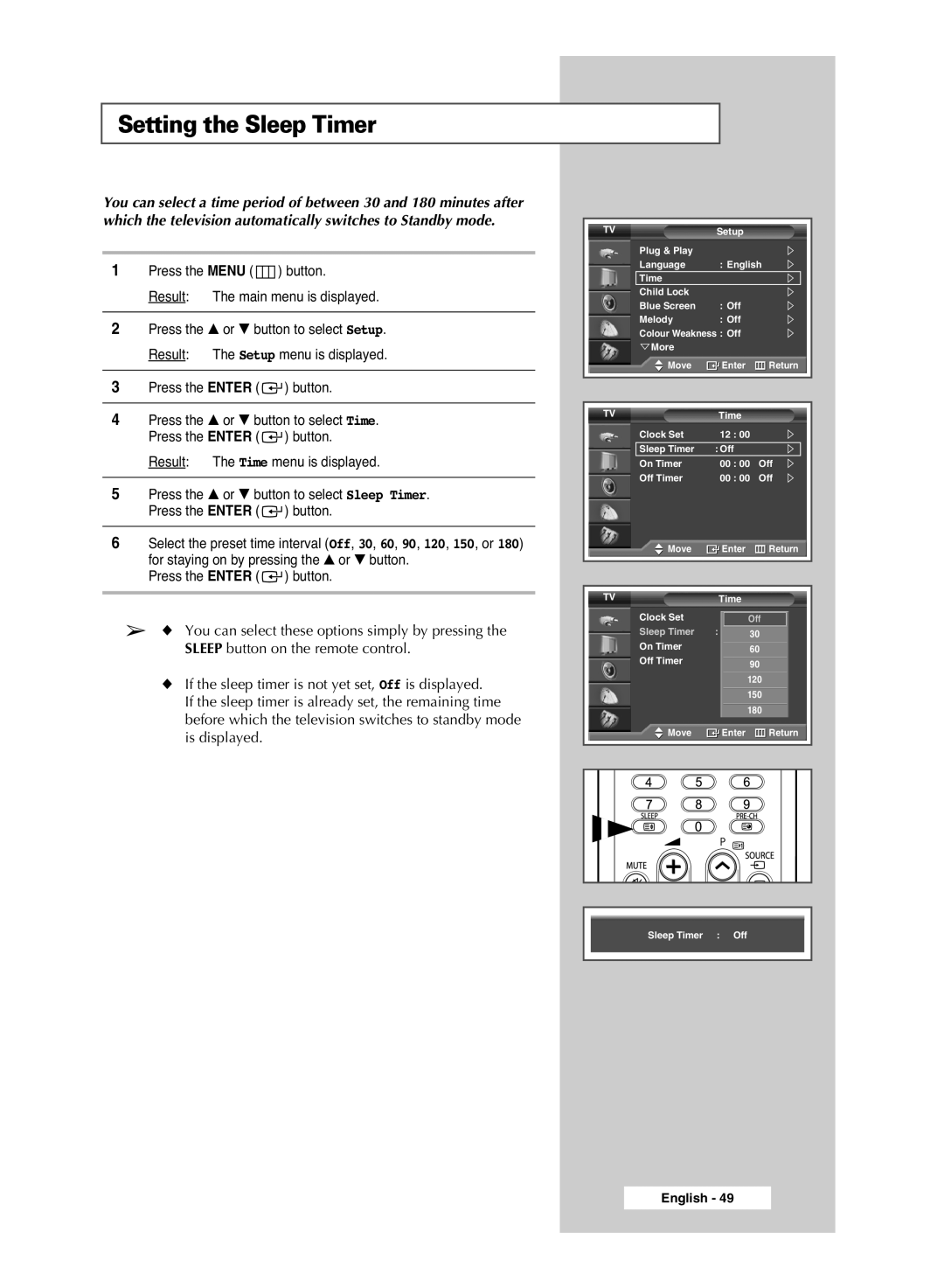 Samsung PS-42S5S manual Setting the Sleep Timer, Press the Menu button Result The main menu is displayed 