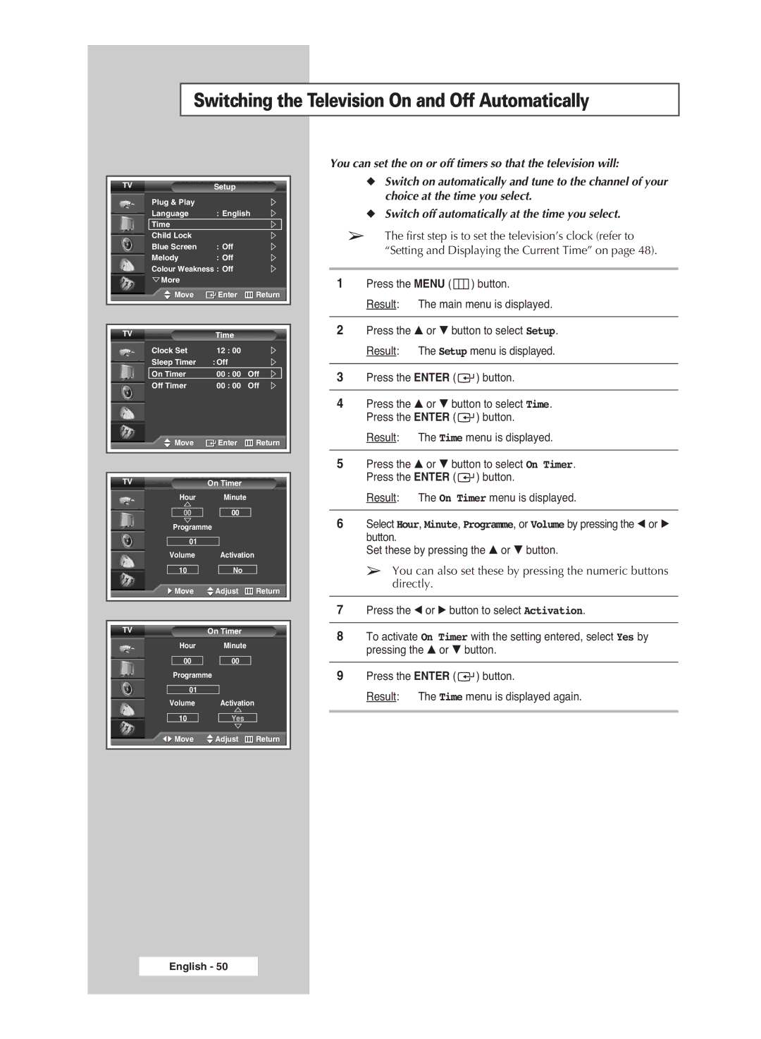 Samsung PS-42S5S manual Switching the Television On and Off Automatically 