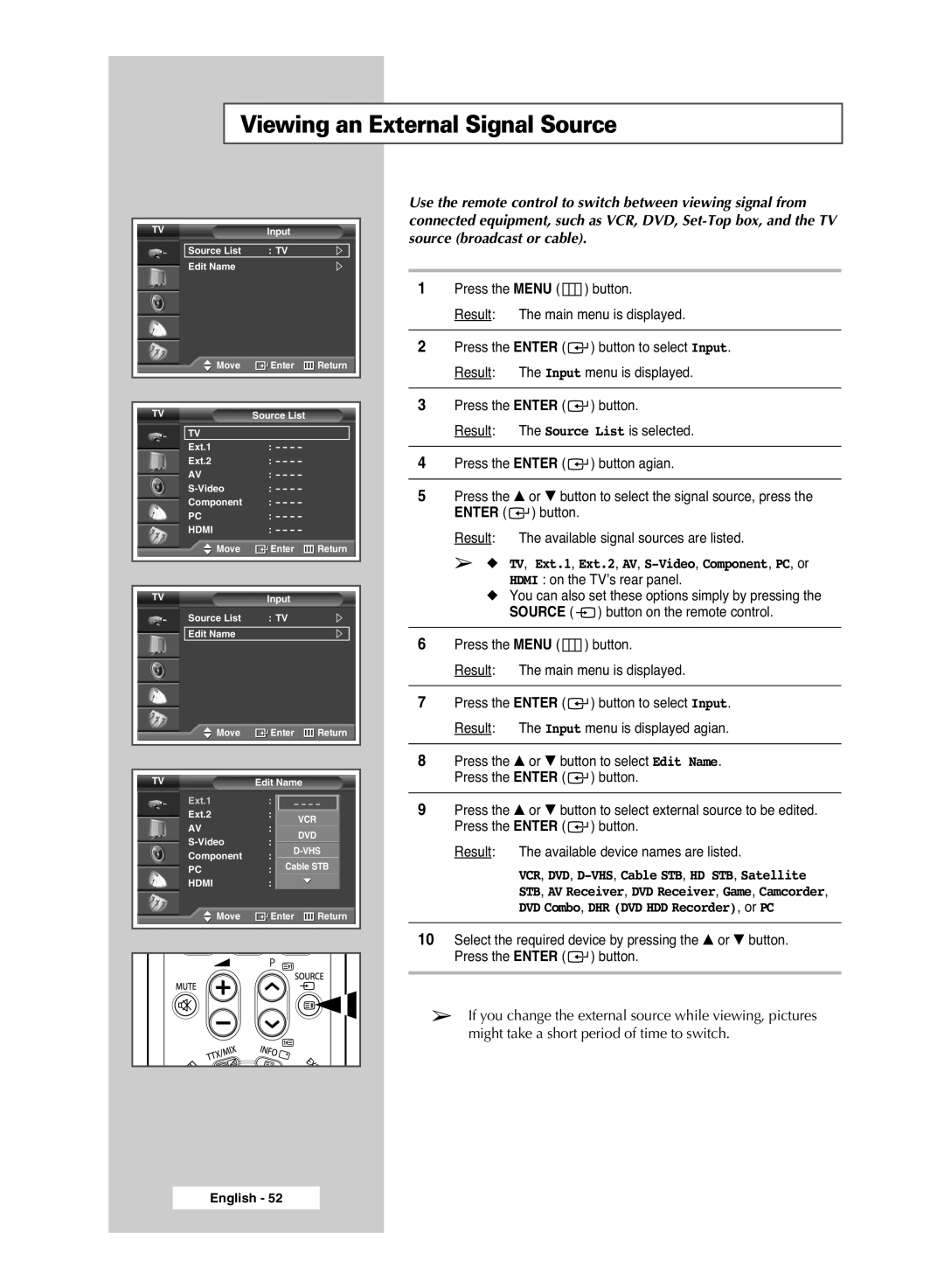 Samsung PS-42S5S manual Viewing an External Signal Source, Hdmi on the TV’s rear panel 