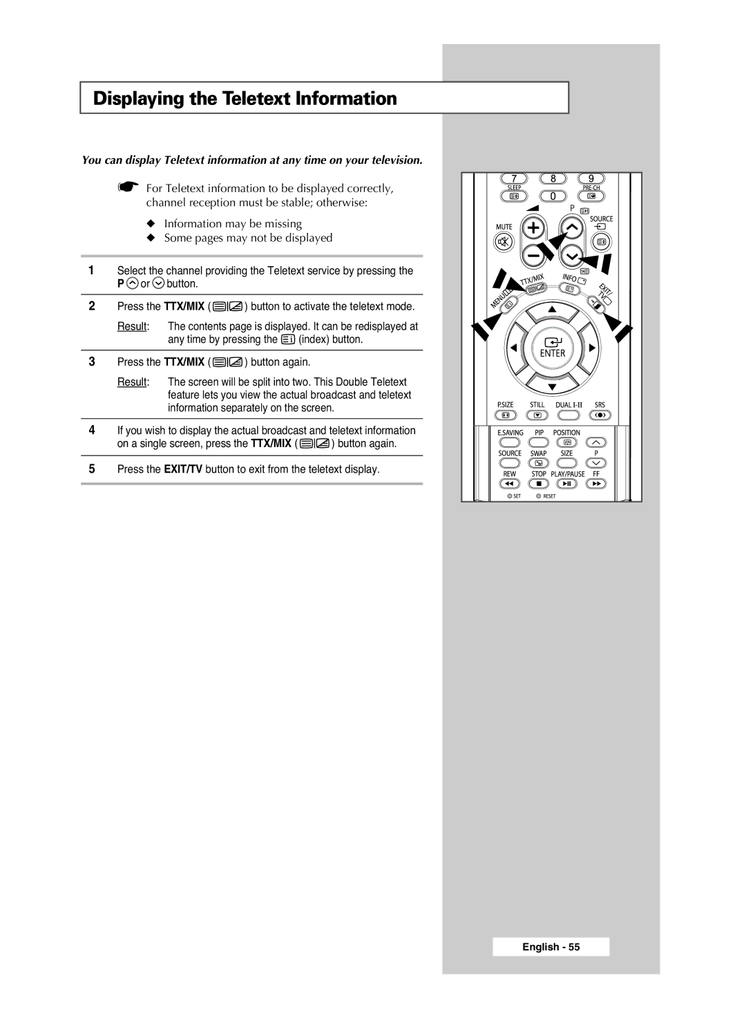 Samsung PS-42S5S manual Displaying the Teletext Information, Press the TTX/MIX button again 