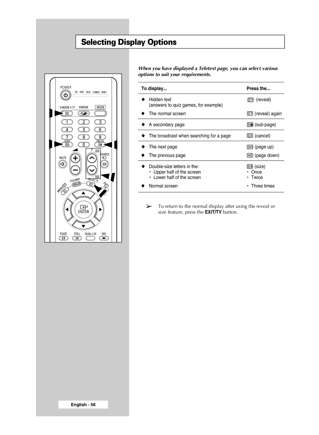 Samsung PS-42S5S manual Selecting Display Options, To display Press 