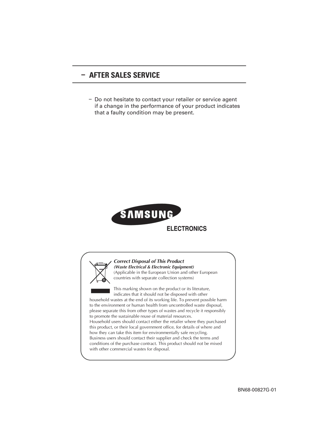 Samsung PS-42S5S manual After Sales Service, Correct Disposal of This Product 