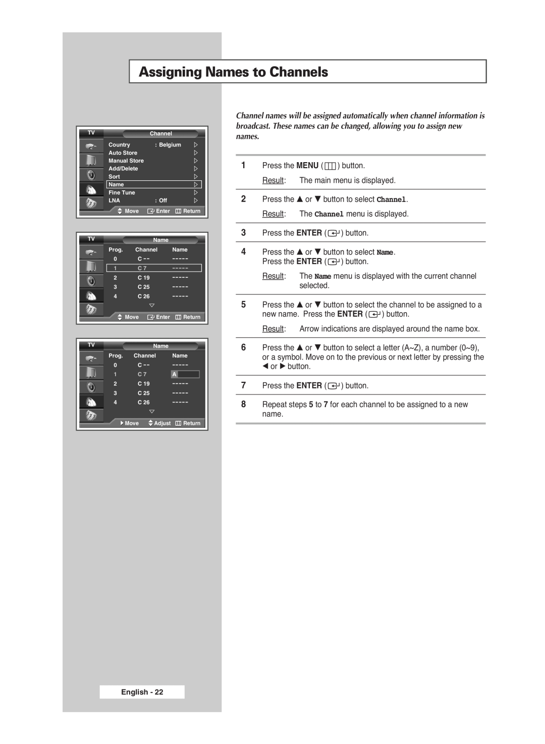 Samsung PS-42S5S manual Assigning Names to Channels, Adjust 