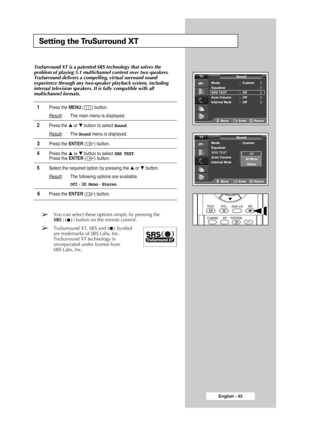 Samsung PS-42S5S manual Setting the TruSurround XT, Off - 3D Mono - Stereo 