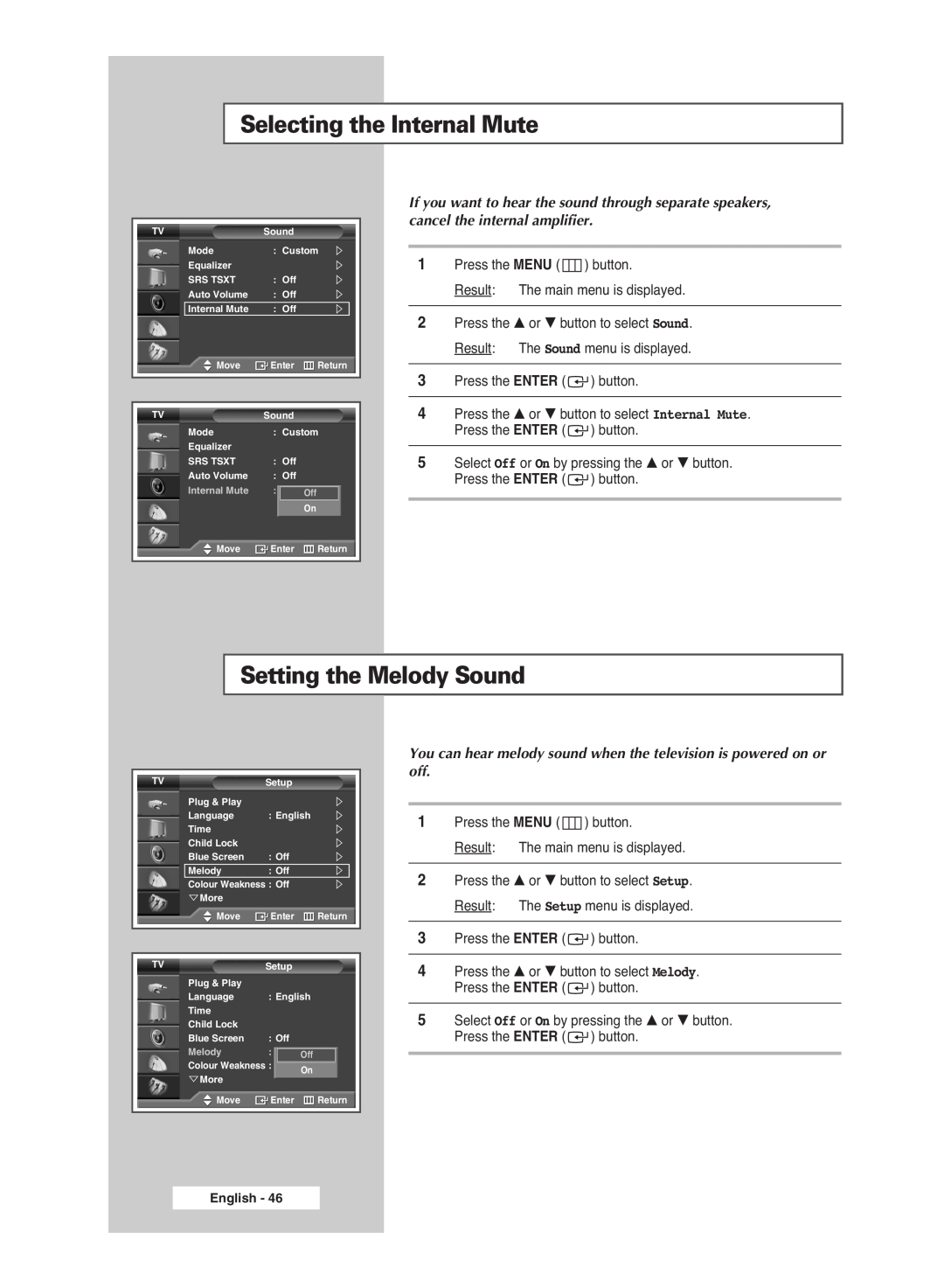 Samsung PS-42S5S manual Selecting the Internal Mute, Setting the Melody Sound 