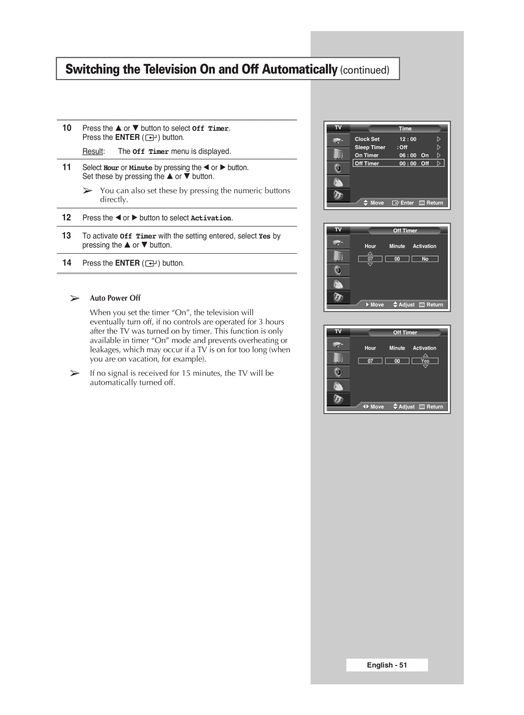 Samsung PS-42S5S manual Switching the Television On and Off Automatically continued, Auto Power Off 